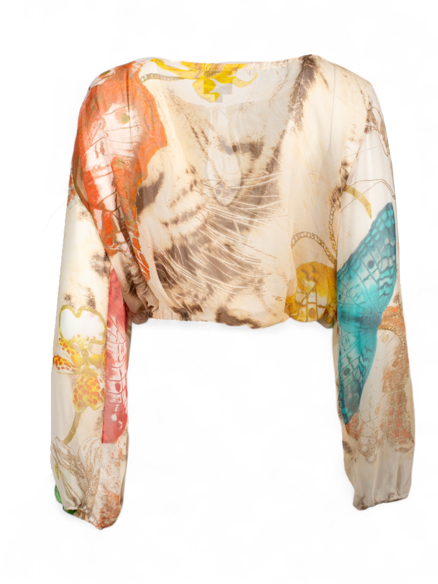 SILK BUTTERFLY PRINTED BALLOON SLEEVE TOP