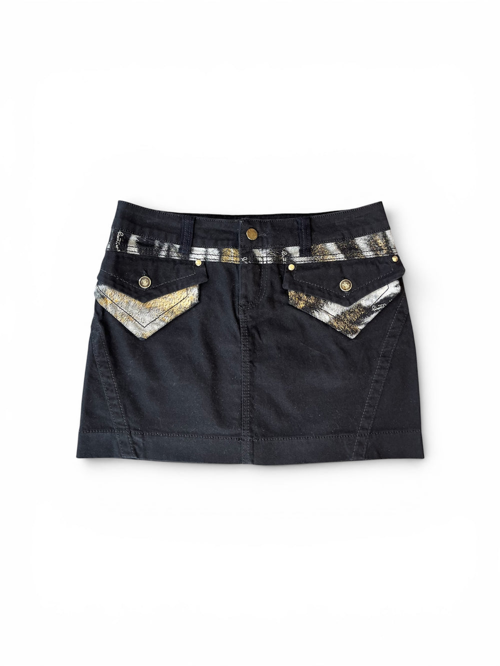 BLACK DENIM MINI CARGO SKIRT W ANIMAL PRINT DETAIL
