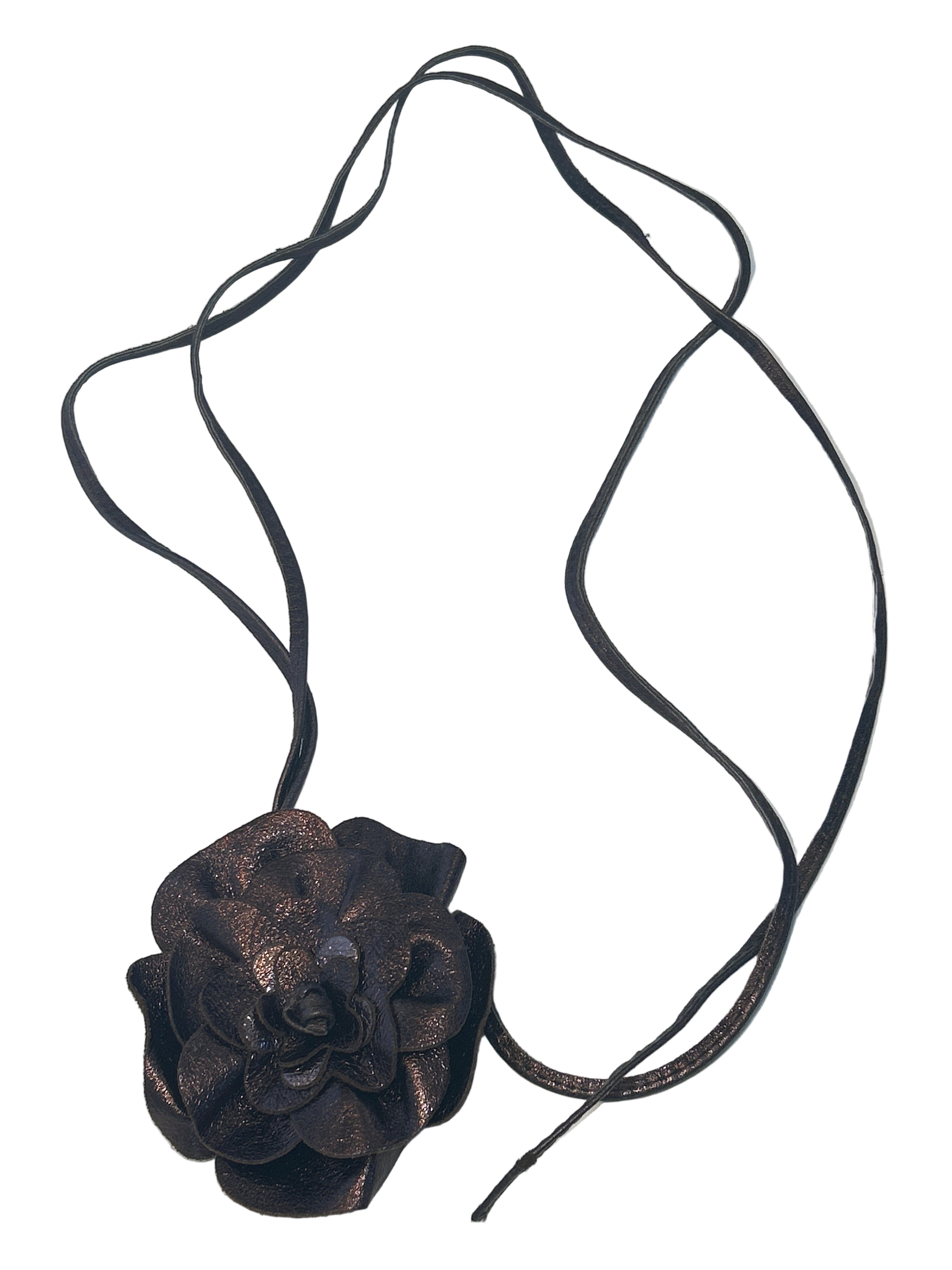 METALLIC BROWN LEATHER FLORAL BELT