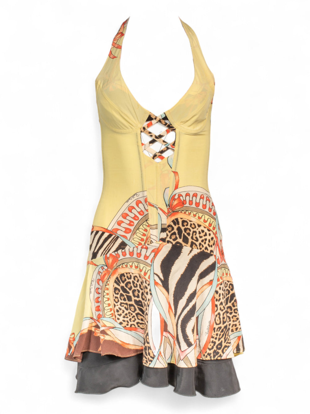 SS03/04 YELLOW ANIMAL PRINTED HALTER MINI DRESS