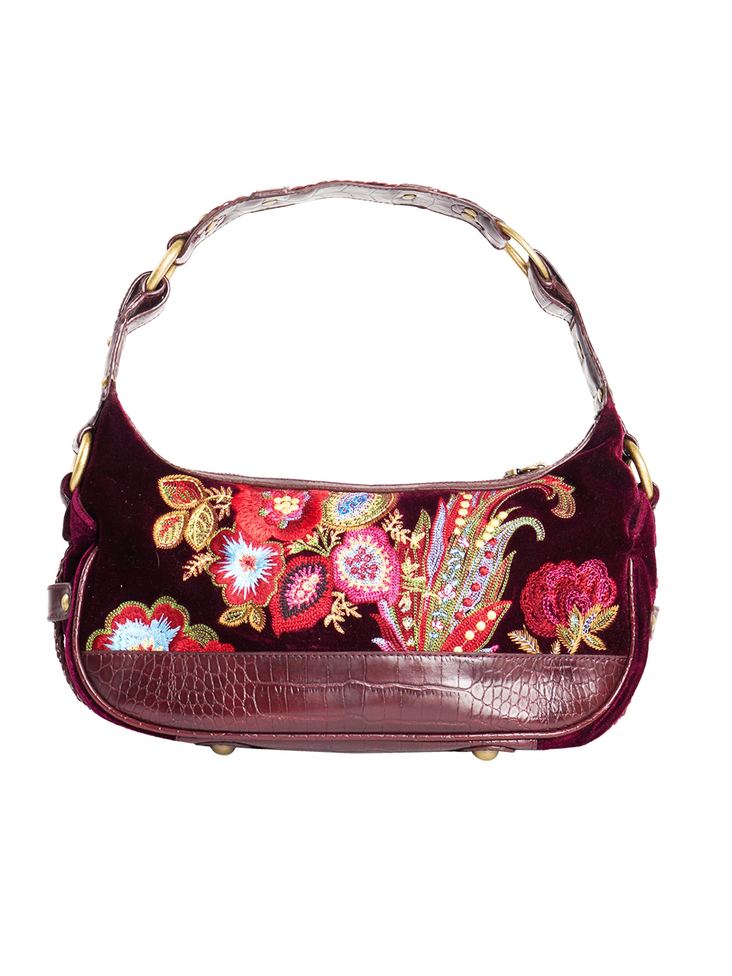 VELVET EMBROIDERED BURGUNDY SHOULDER BAG