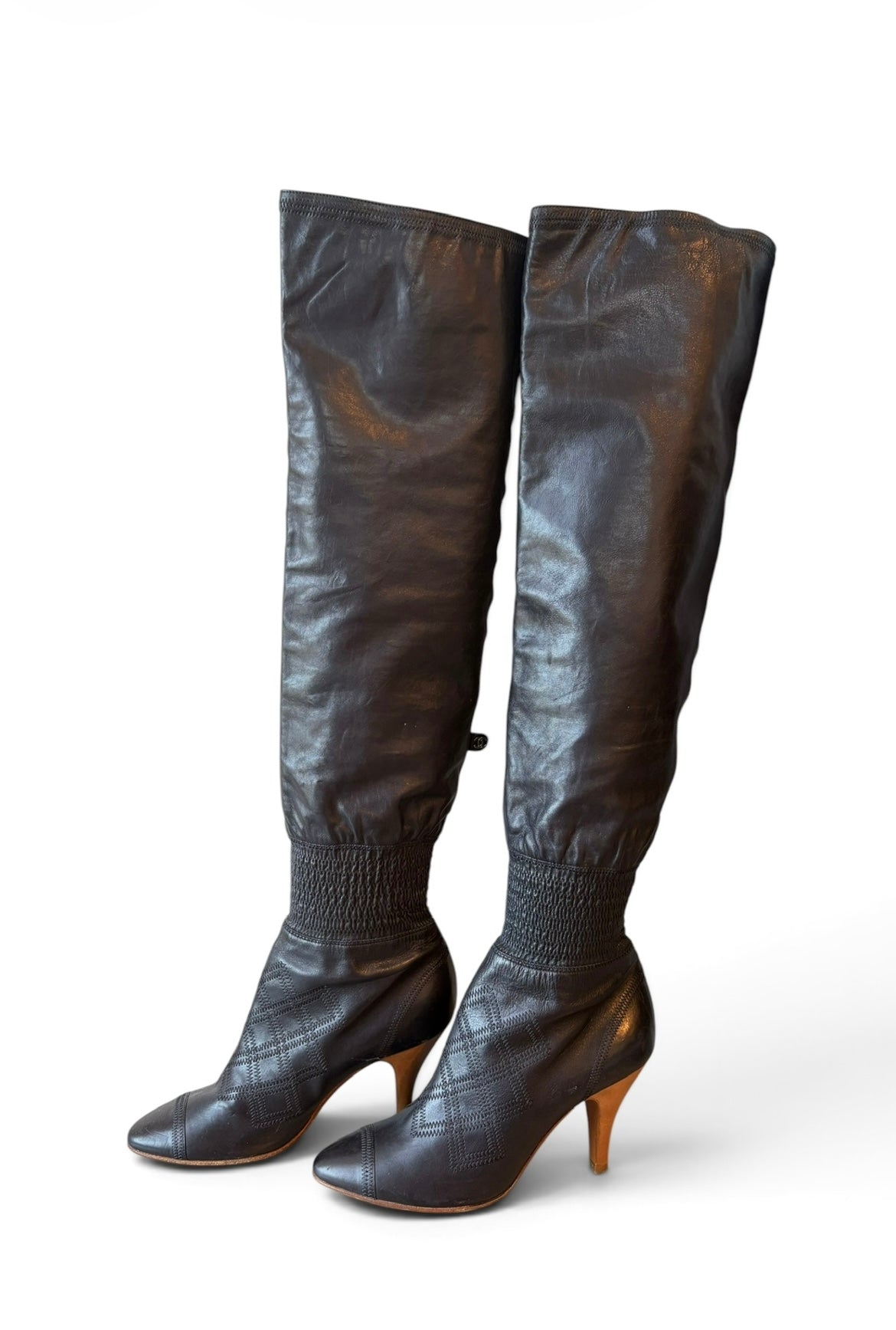 BLACK QUILTED LEATHER KNEE HIGH SLOUCH BOOTS @SM