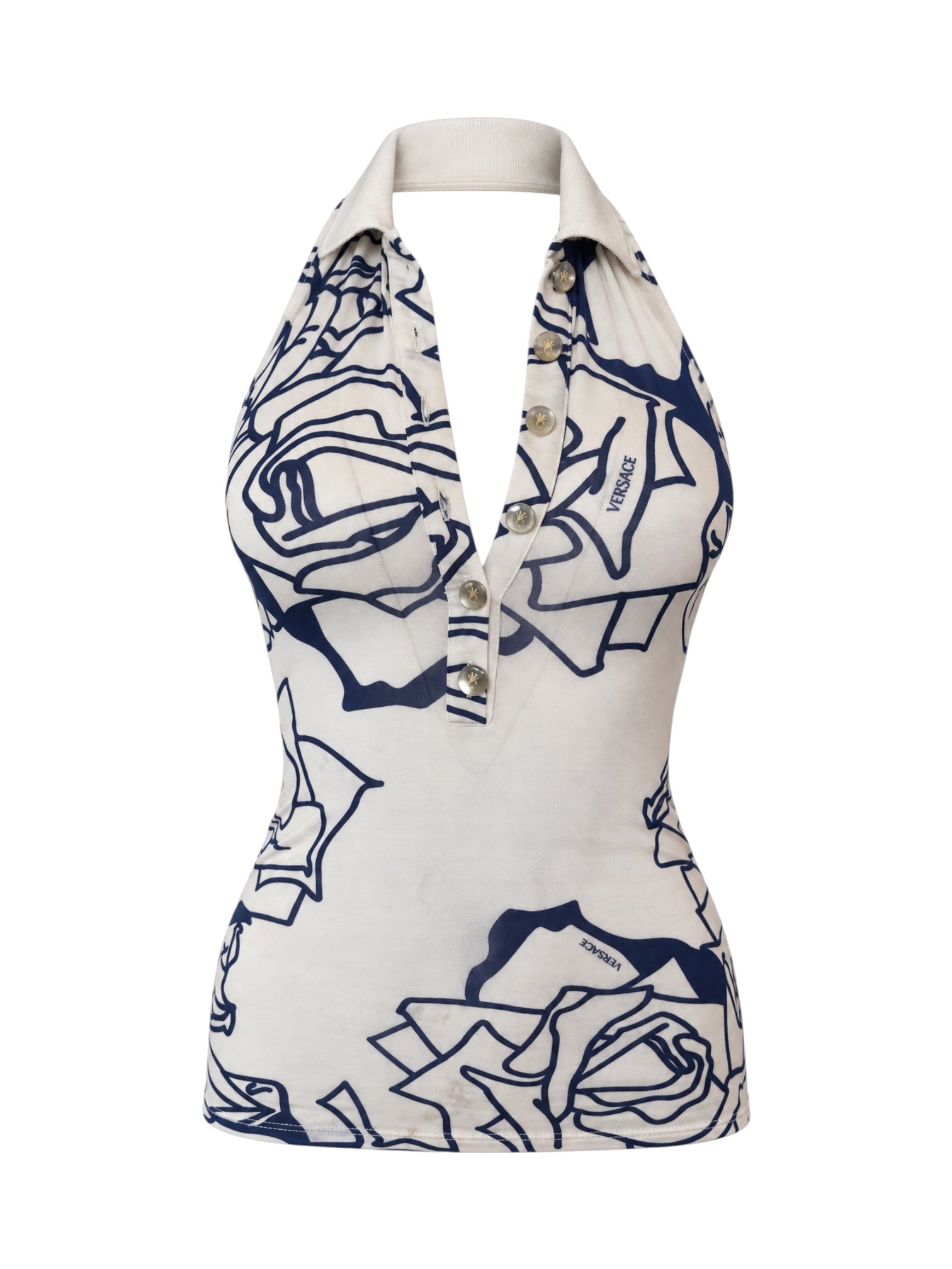 WHITE & BLUE ABSTRACT PRINT COLLARED HALTER TANK (AS IS)