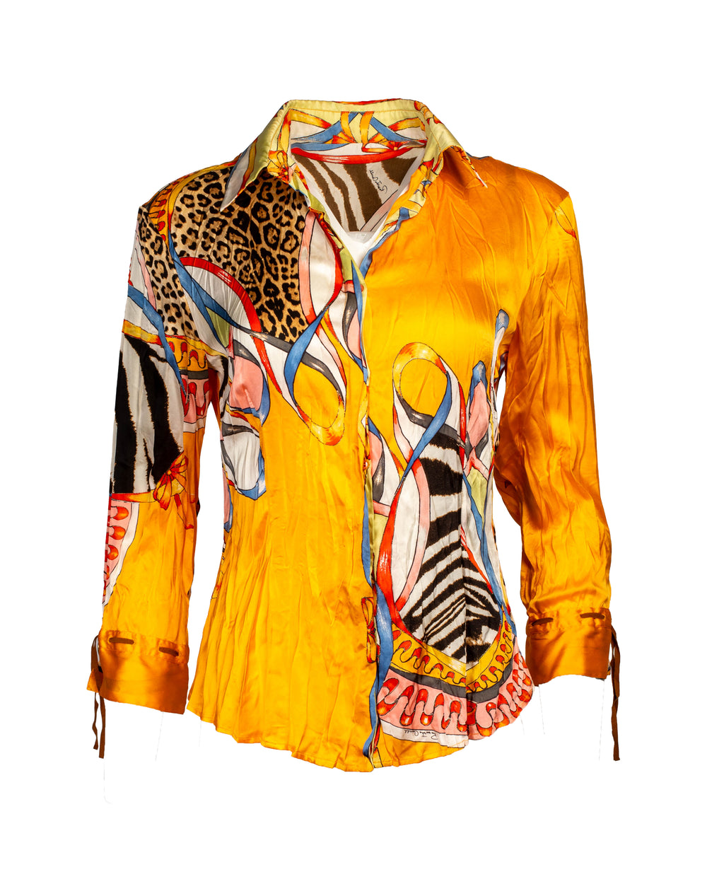 2003 ORANGE ANIMAL&BOW PRINT SILK L/S W LEATHER DETAILS