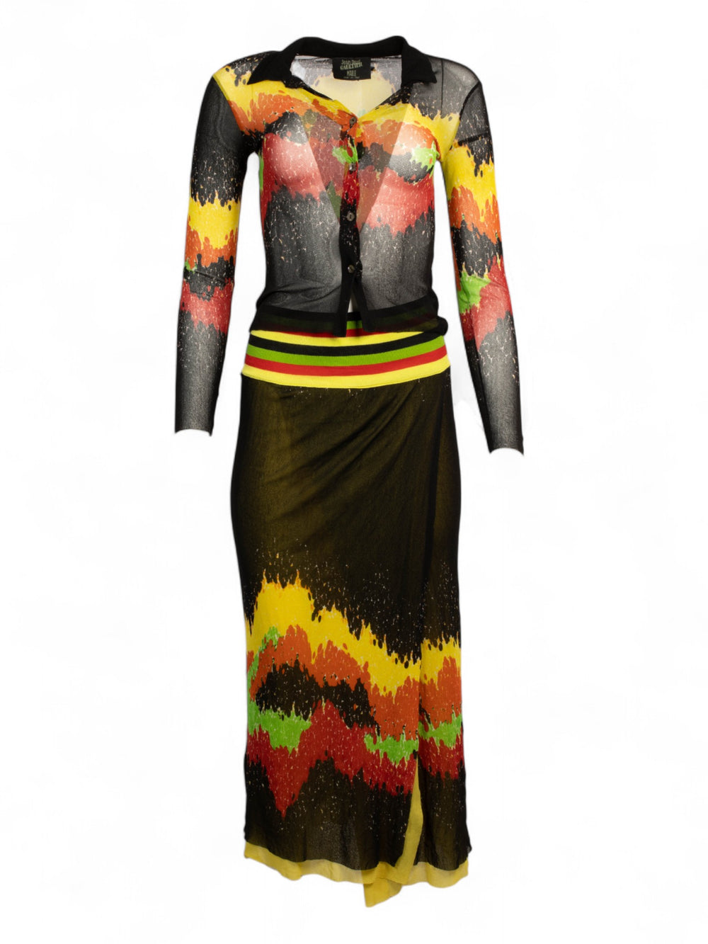 SS1997 GREEN/YELLOW/RED MESH CARDIGAN & SKIRT SET