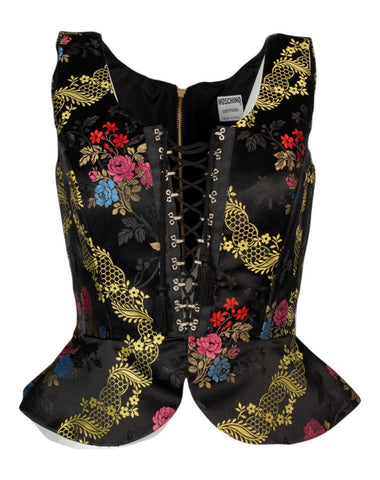 90S BLACK ASIAN FLORAL PRINTED CORSET TOP