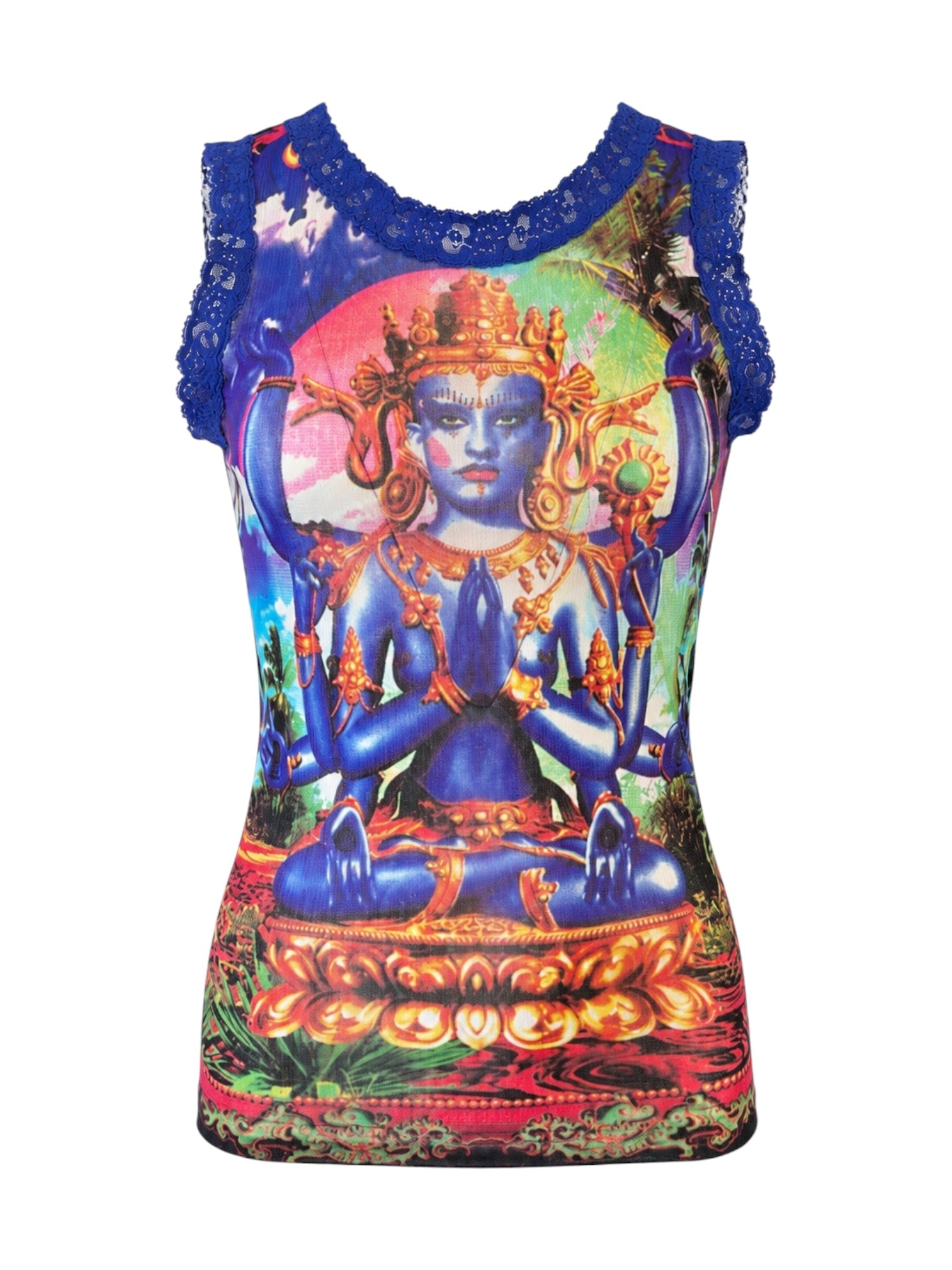 SS97 "SHIVA" PRINT MESH PURPLE LACE TRIM TANK TOP