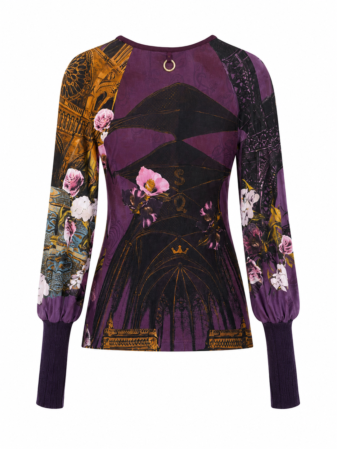 PURPLE FLORAL PRINT MESH PUFF L/S TOP