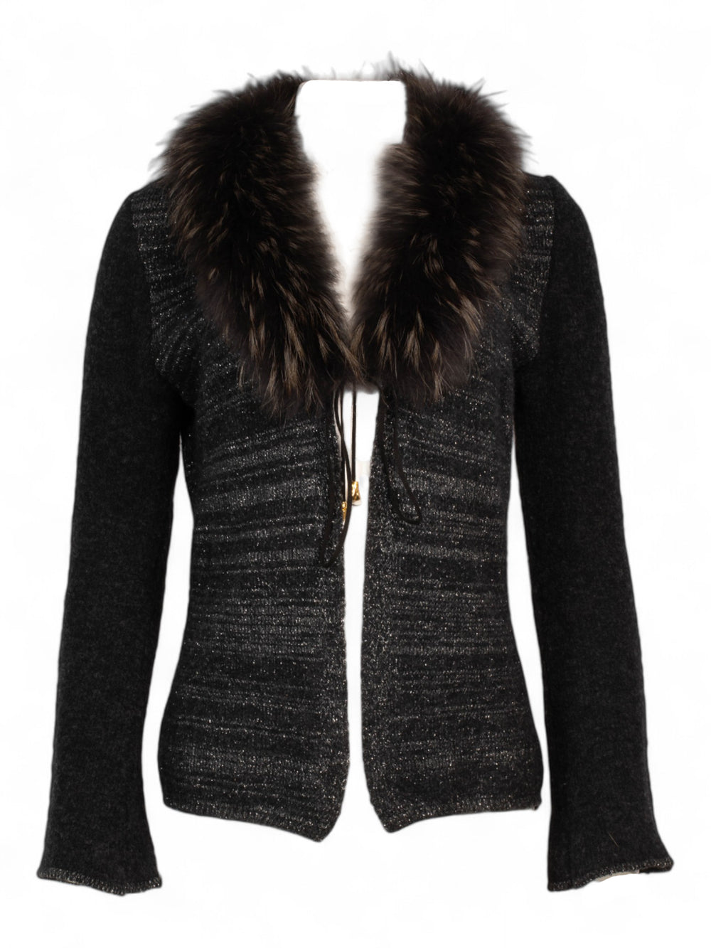 90S WOOL FRONT TIE CARDIGAN W FUR COLLAR
