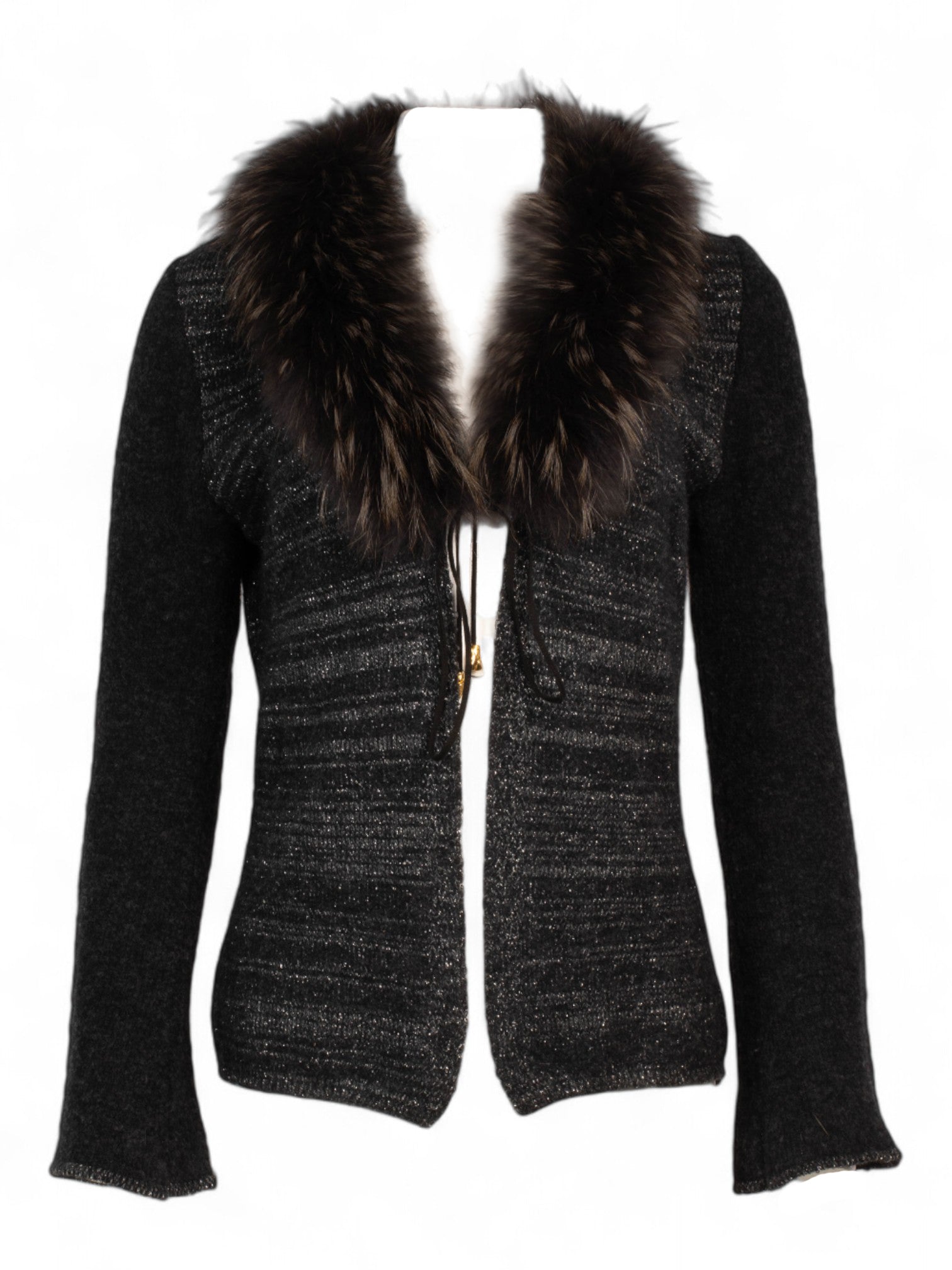 90S WOOL FRONT TIE CARDIGAN W FUR COLLAR