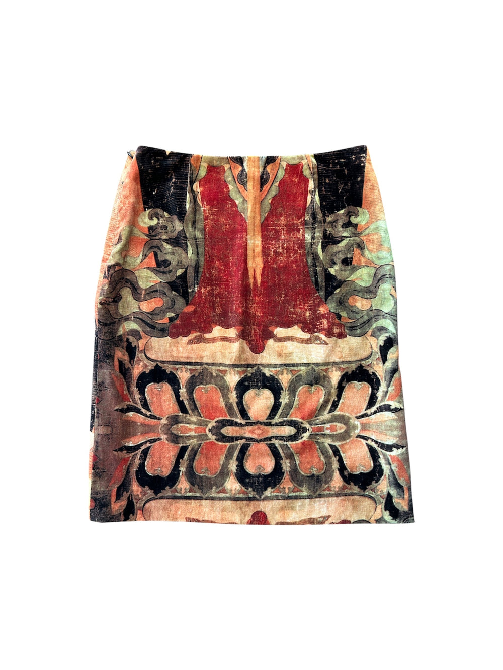 1997 BUDDHA PRINT VELVET MIDI SKIRT @SM
