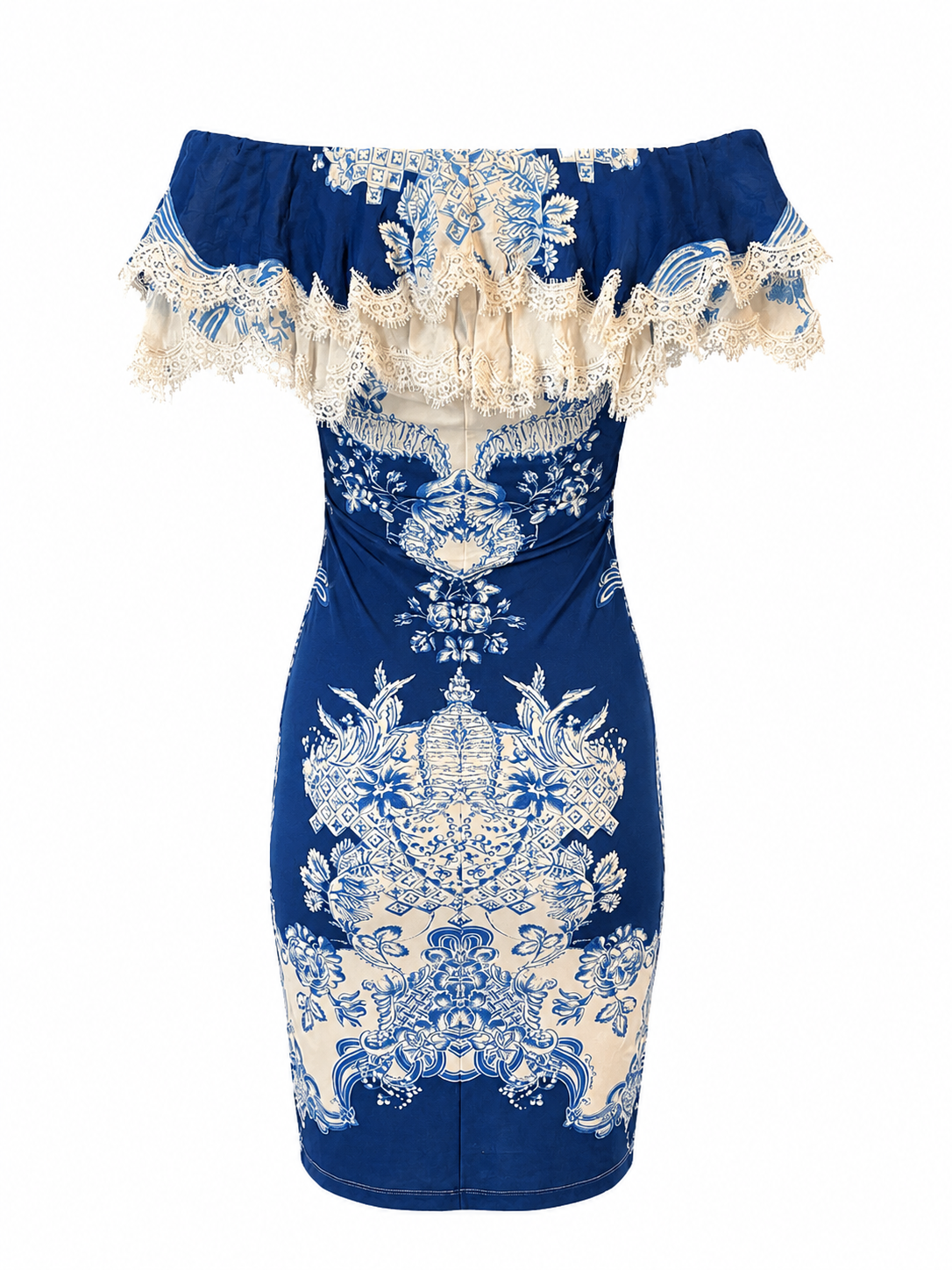 IVORY & BLUE PORCELAIN PRINTED OFF THE SHOULDER DRESS