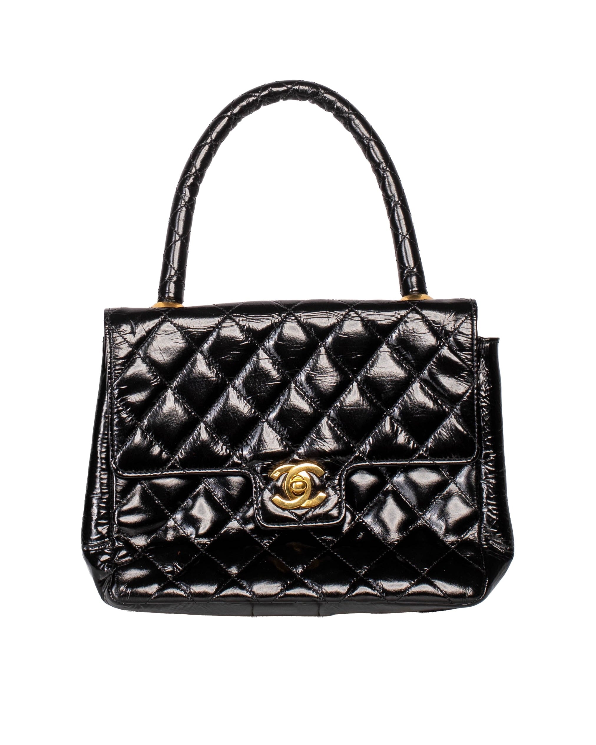 94' black quilted semi gloss leather 24k gold bag