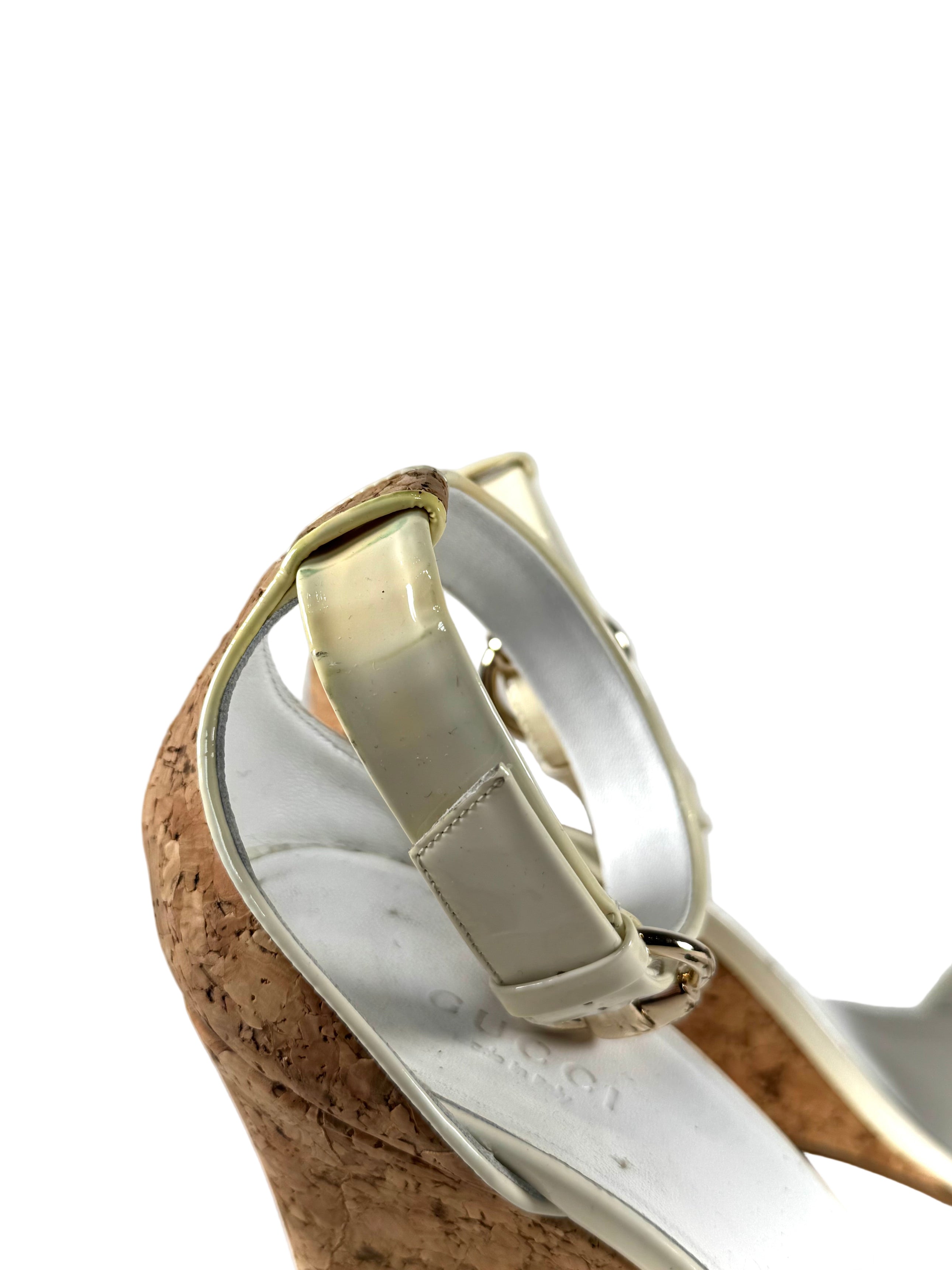 WHITE PATENT LEATHER CORK WEDGE HEELS (AS IS) @NICOZ