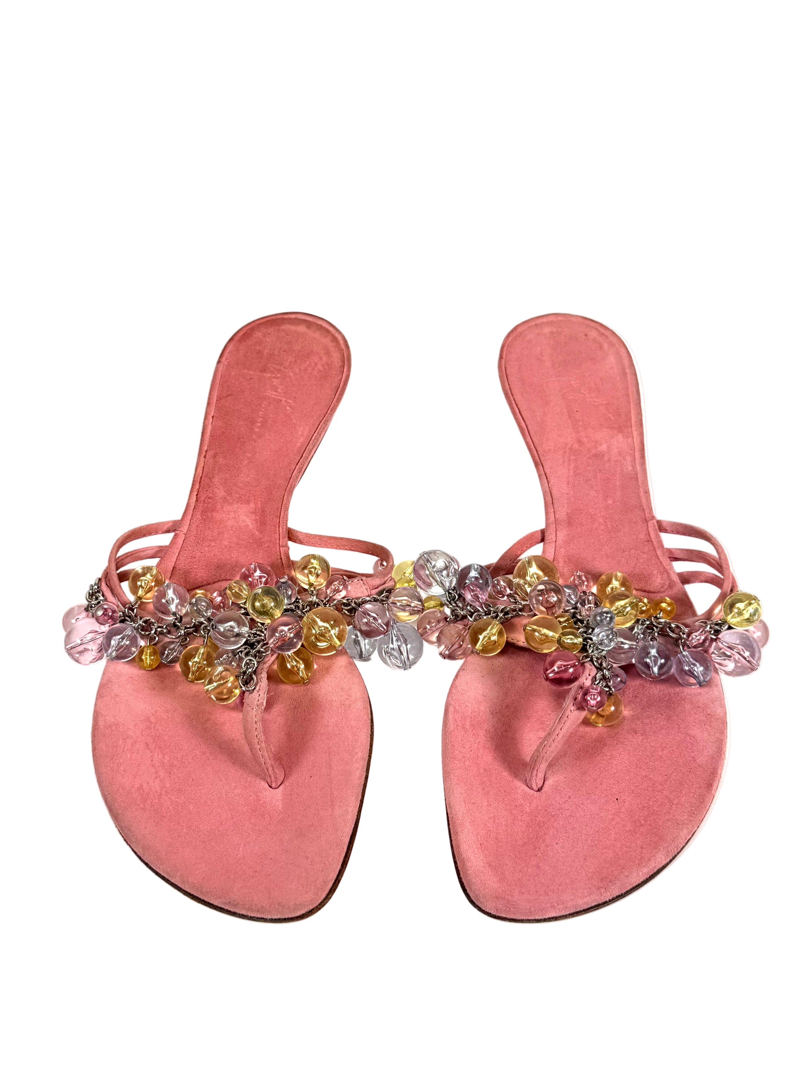PINK SUEDE CRYSTAL CHARM SANDALS