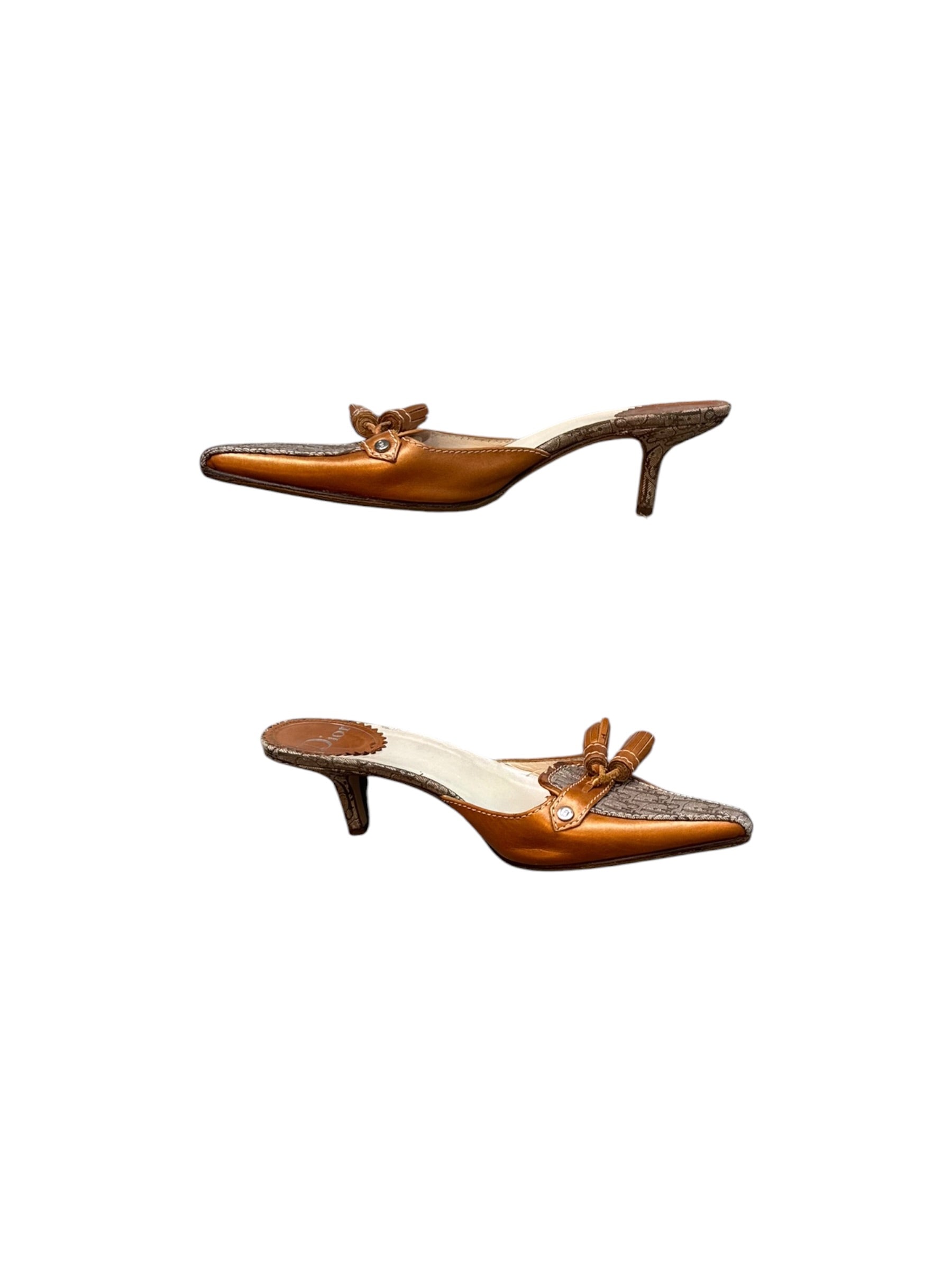 CAMEL BROWN MONOGRAM TASSEL MULES @FAR