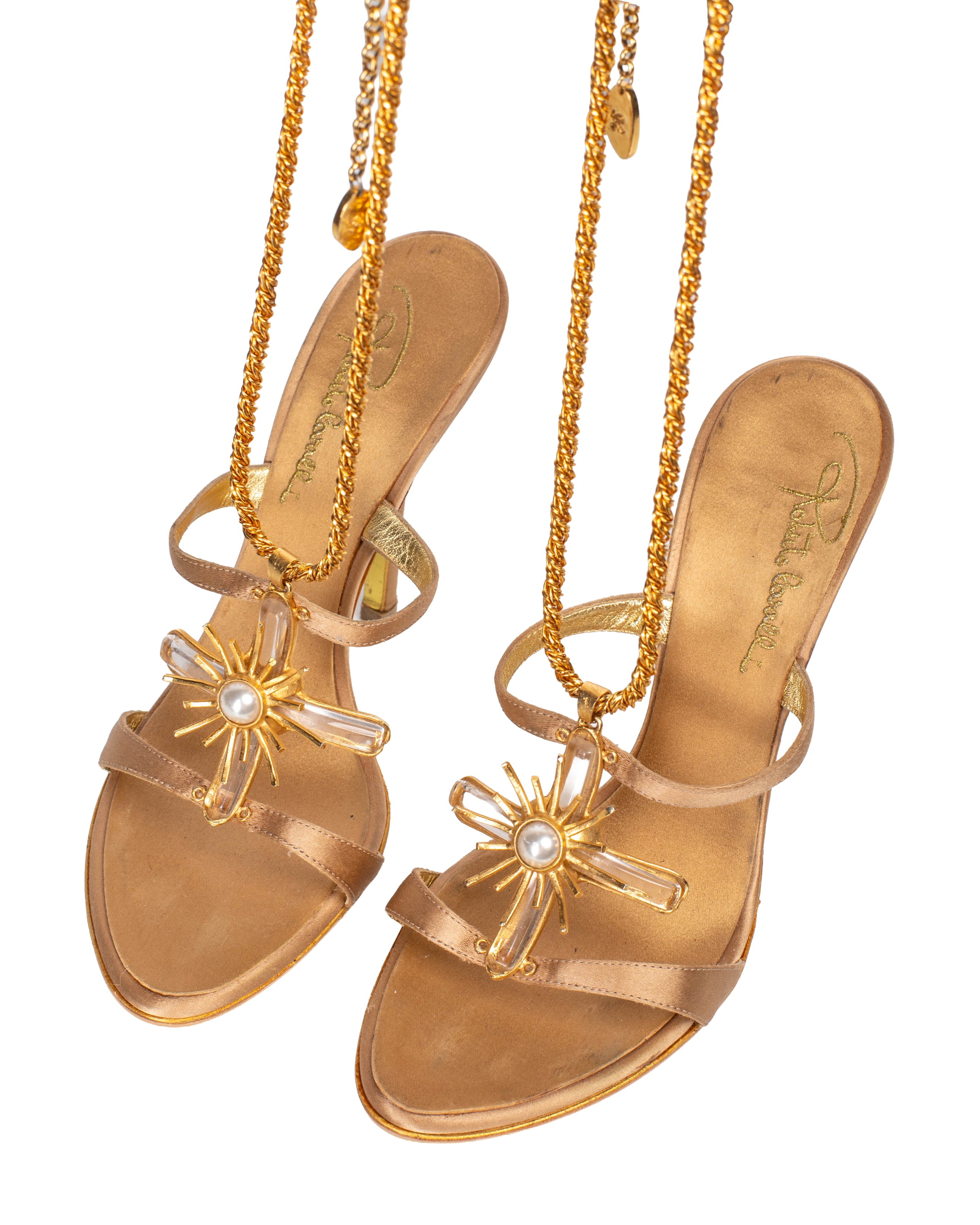 RARE GOLD & PEARL SUNBURST MOTIF ANKLET HEELS