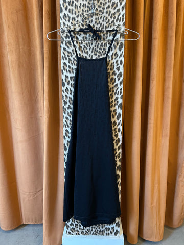 90s RARE BLACK HALTER PERFORATED LOGO MINI DRESS