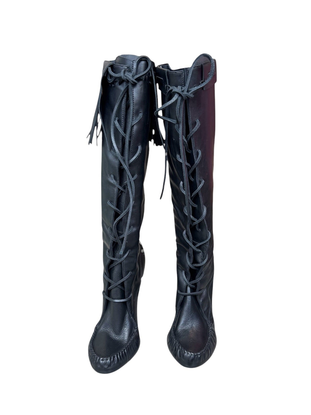 BLACK PATENT LEATHER LACE UP FRINGE BOOTS W GOLD HEEL