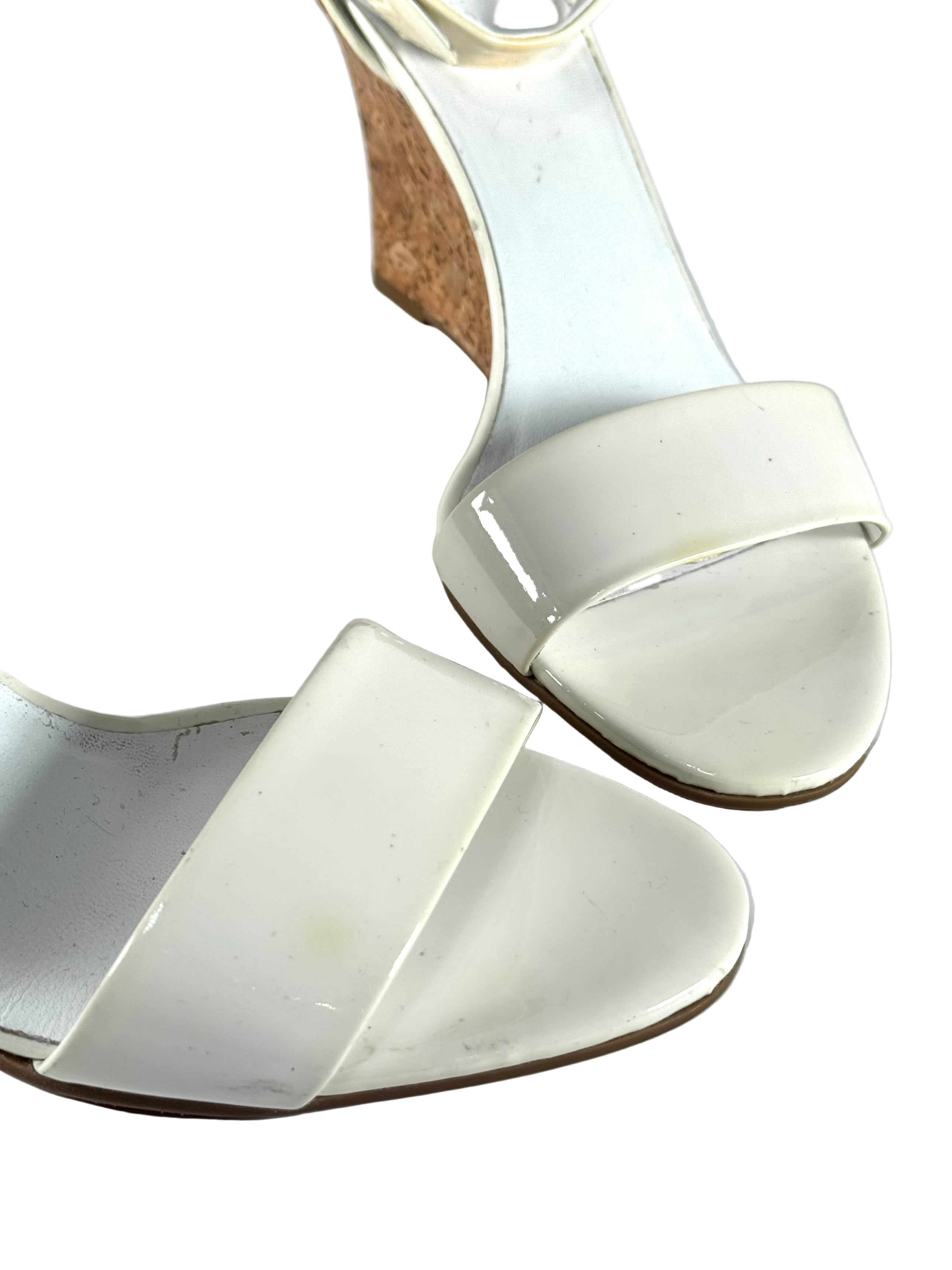 WHITE PATENT LEATHER CORK WEDGE HEELS (AS IS) @NICOZ