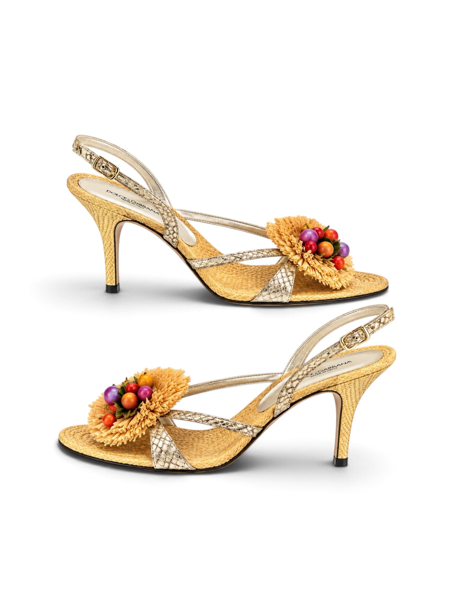 TAN SNAKESKIN WOVEN FRUIT BASKET HEELS