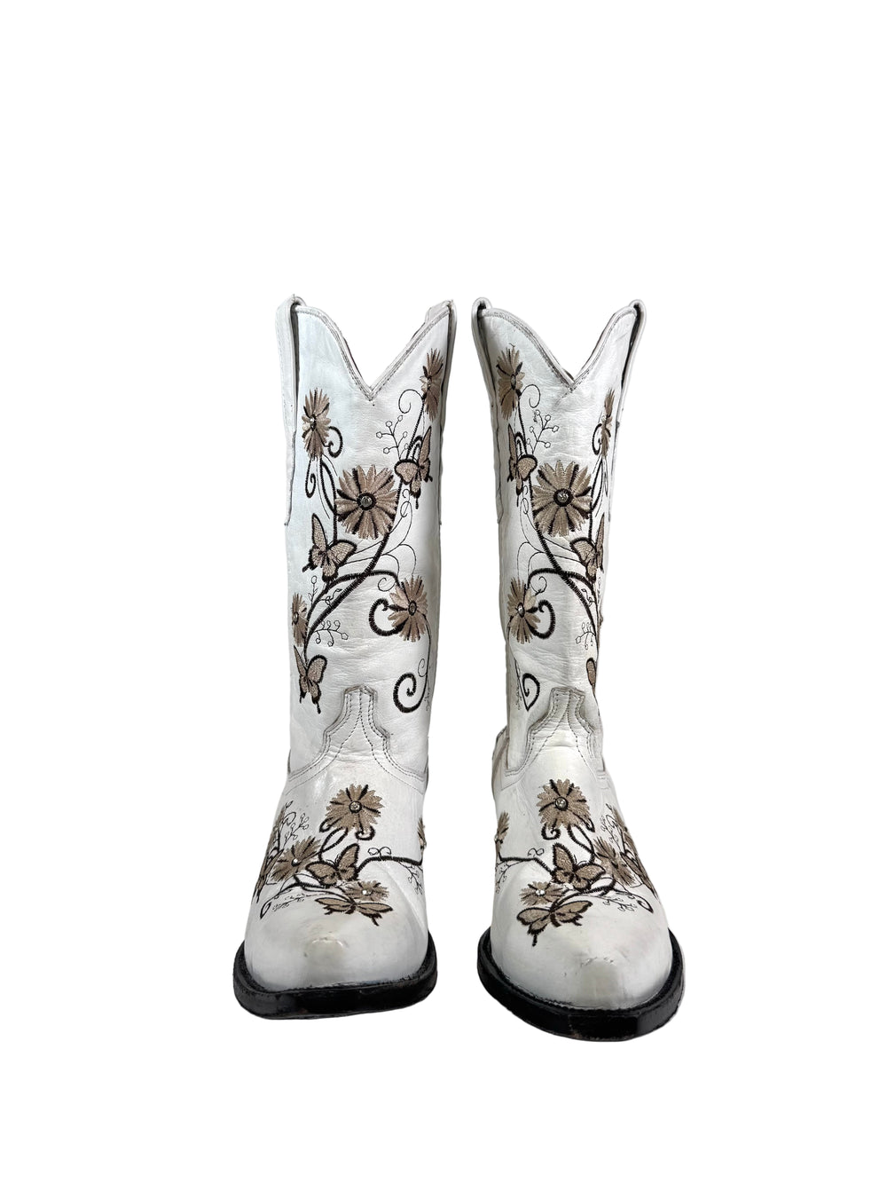 WHITE LEATHER COWBOY BOOTS W BUTTERFLIES