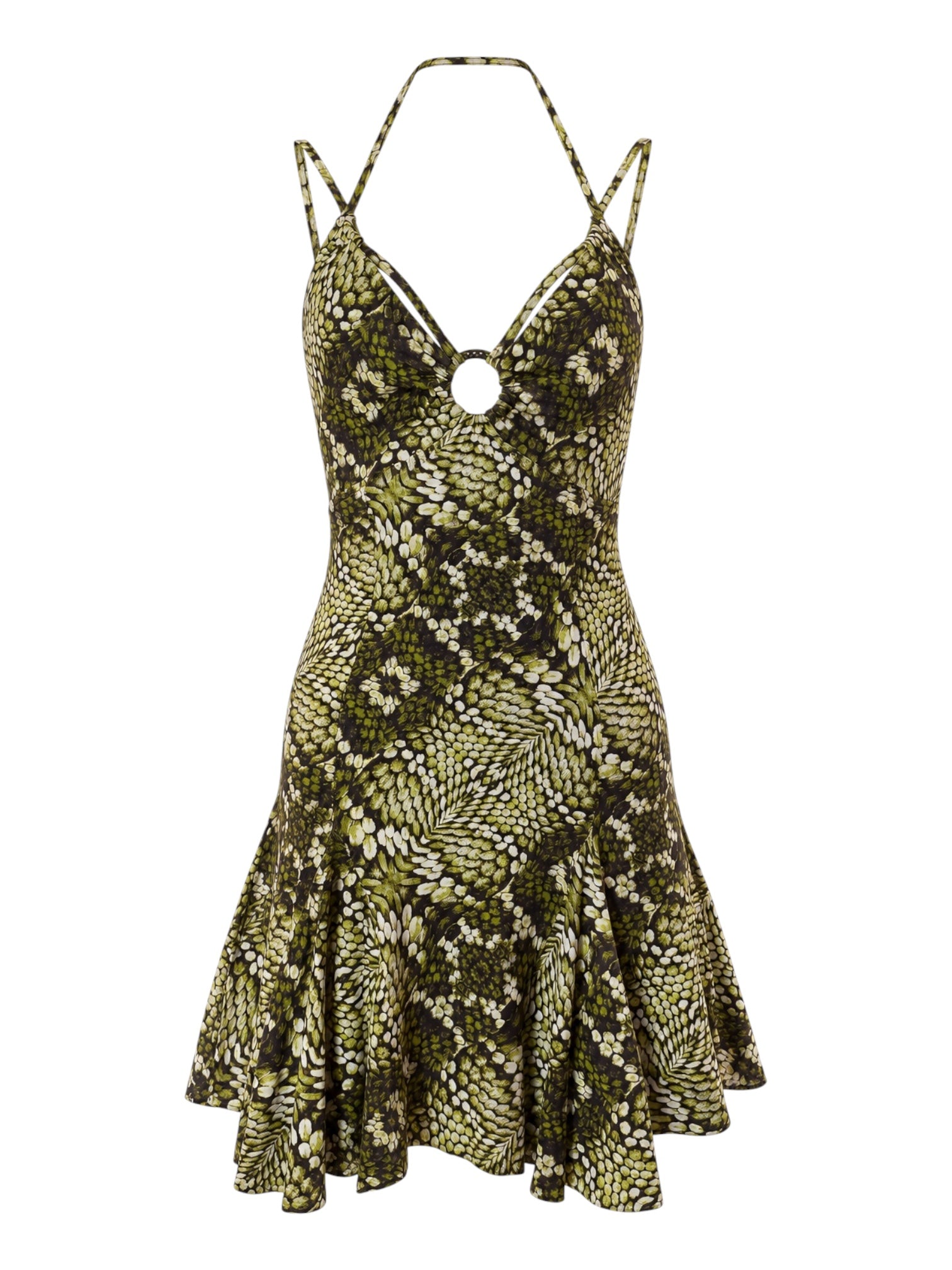 GREEN SNAKE PRINT HALTER MINI DRESS @AFENI