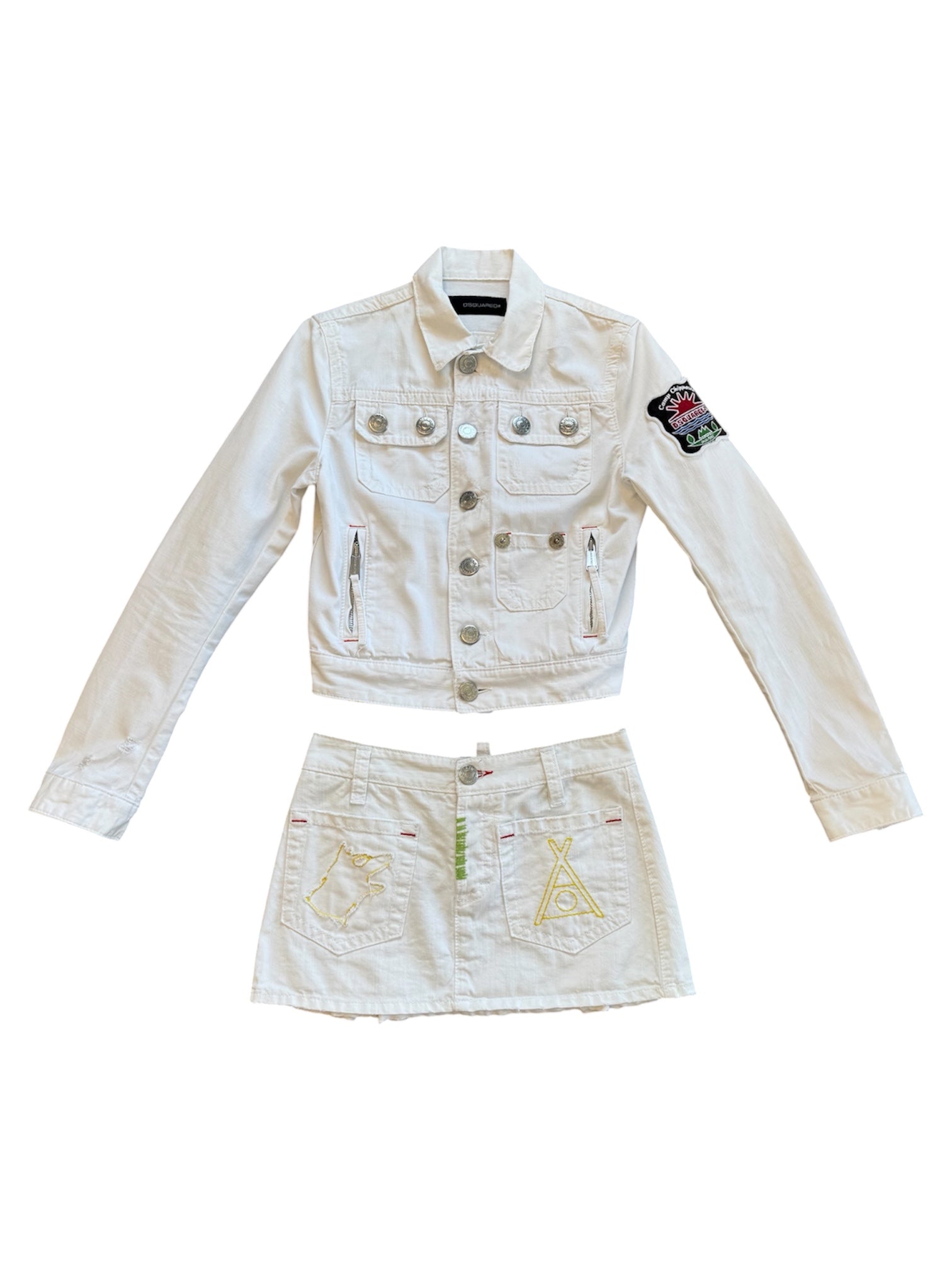 WHITE EMBROIDERED DENIM JACKET & SKIRT SET