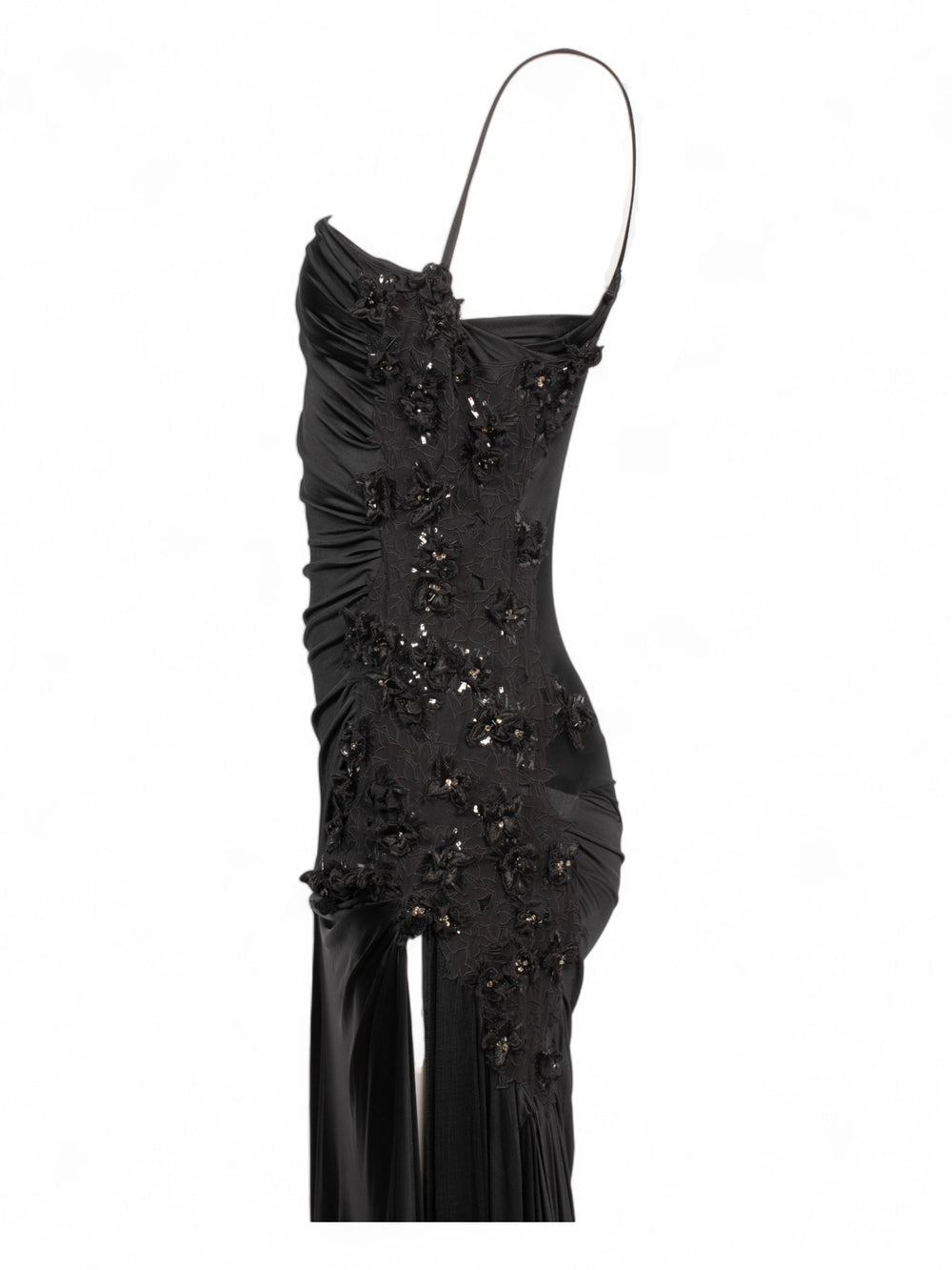 SS2005 DRAPED BLACK GOWN WITH FLORAL APPLIQUE
