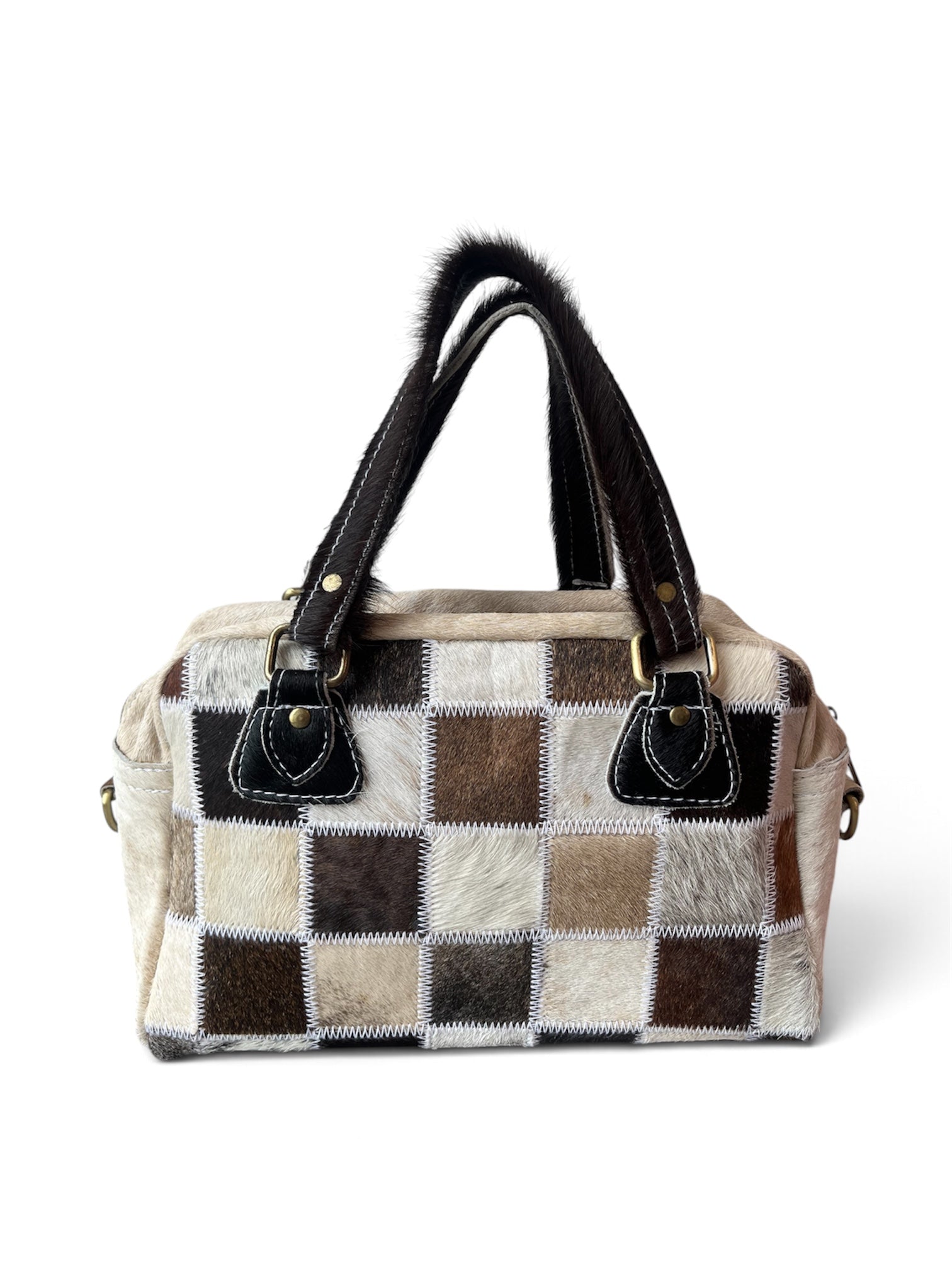 PATCHWORK CALF HAIR PURSE W/ LONG STRAP
