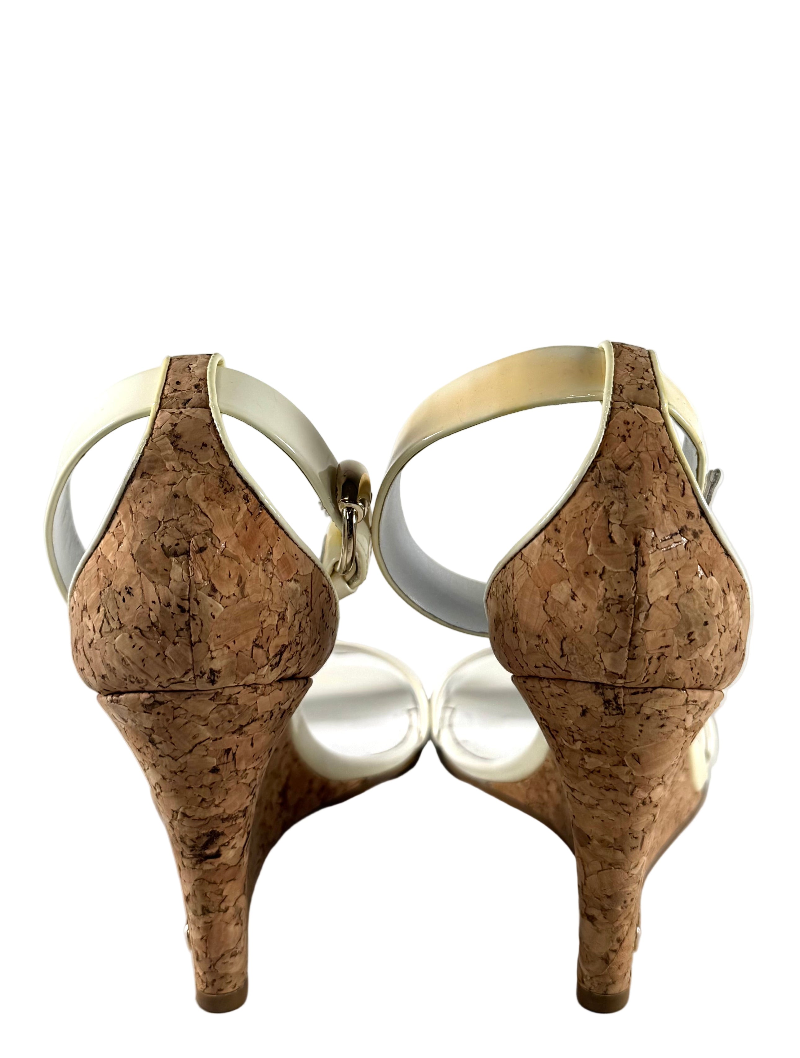 WHITE PATENT LEATHER CORK WEDGE HEELS (AS IS) @NICOZ