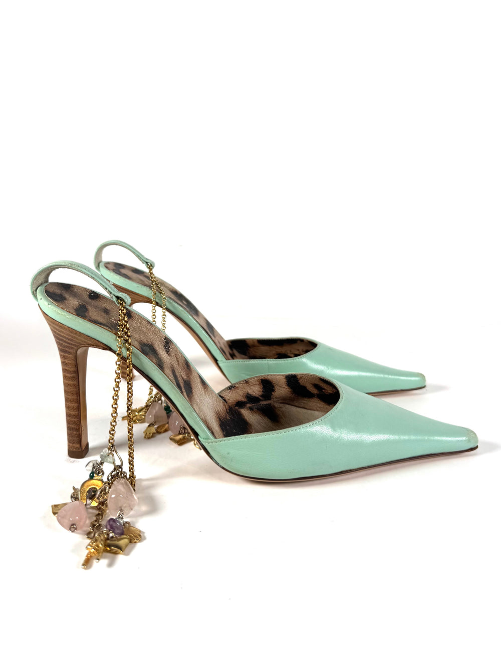 TURQUOISE LEATHER MULES W/ CHARM ANKLE STRAPS
