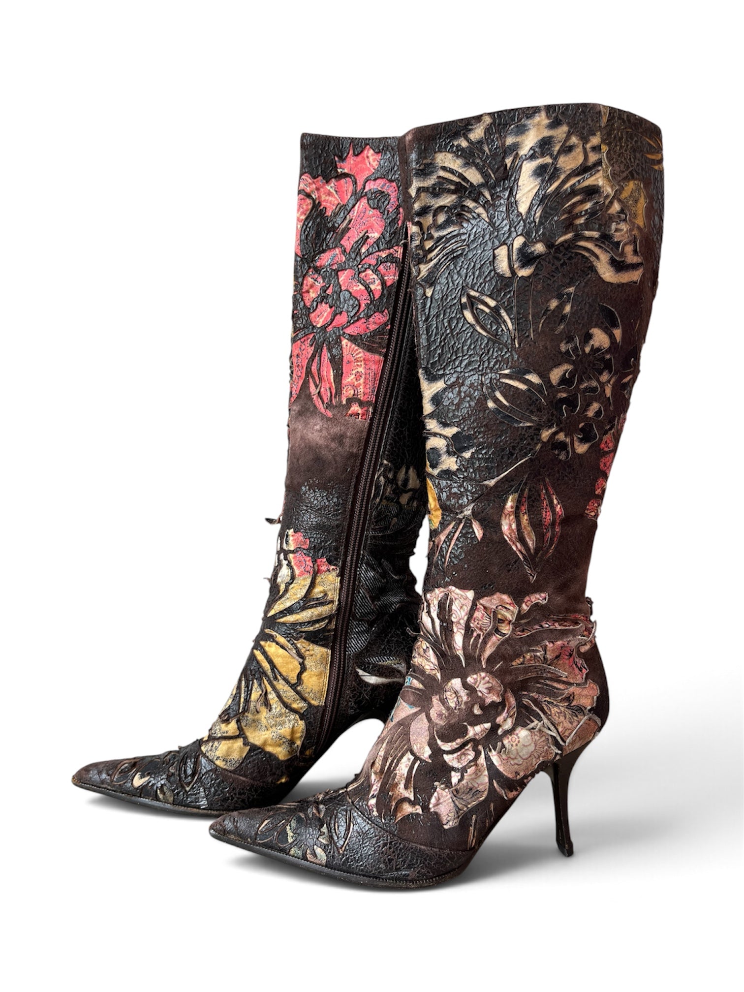 2003 FLORAL BURNOUT LEATHER & SUEDE CALF BOOTS