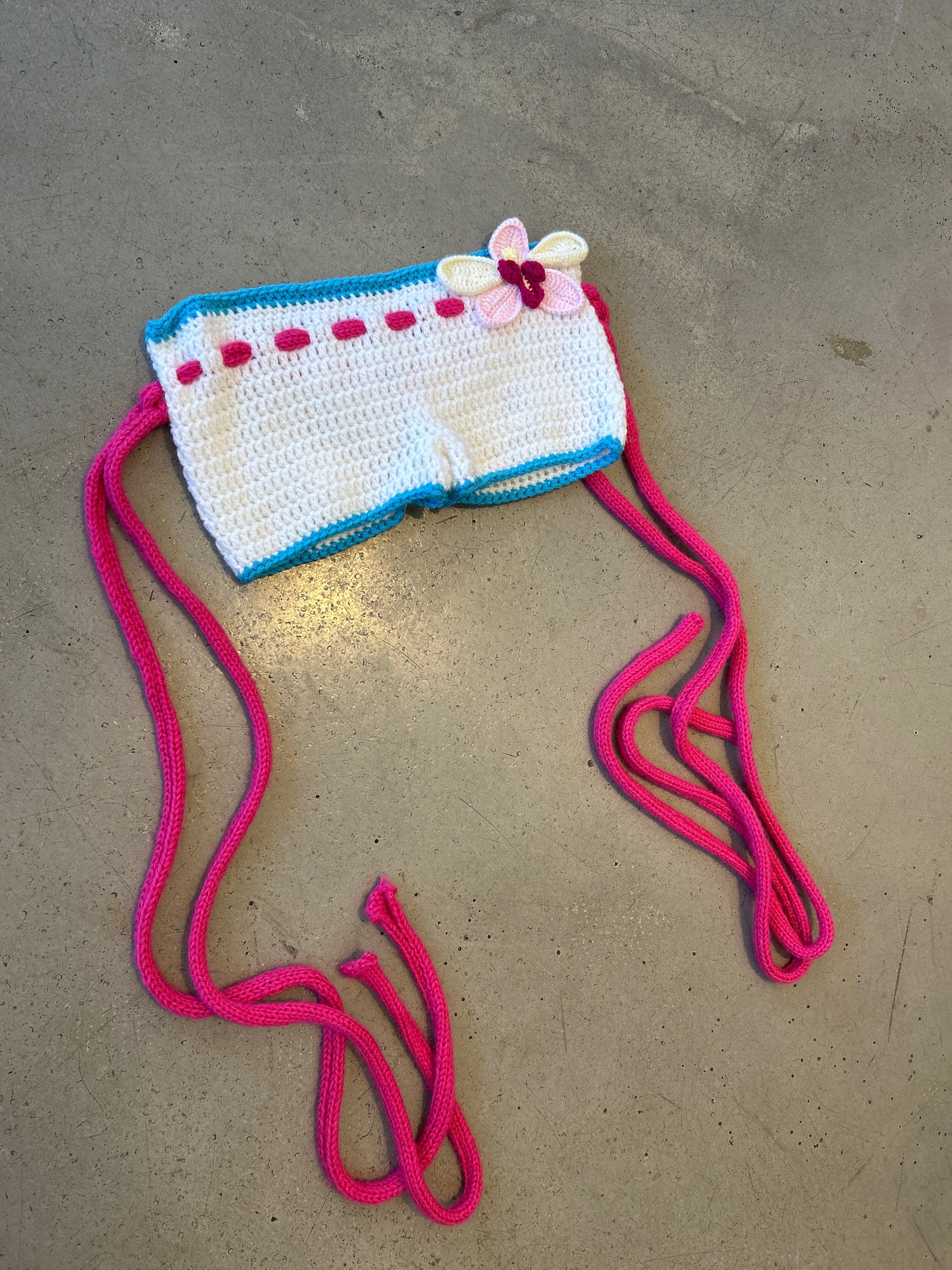 WHITE ORCHID BOOTIES W BLUE TRIM & PINK TIES