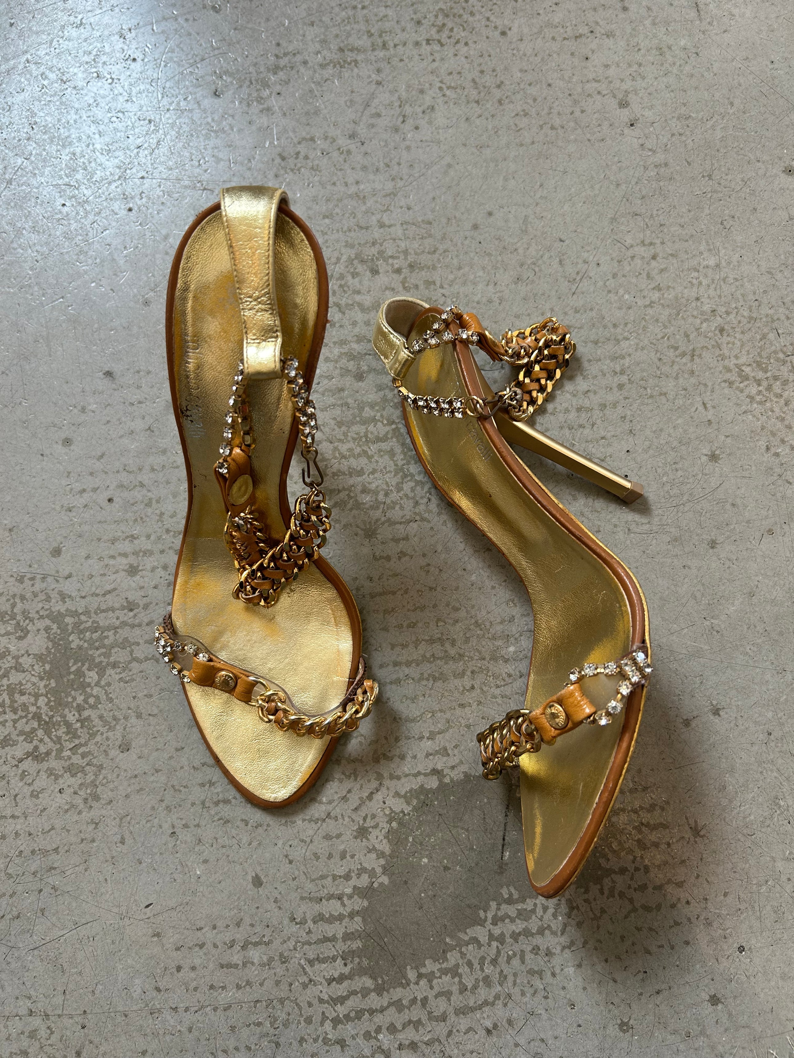 BROWN LEATHER CHAIN & CRYSTAL HEELS (AS IS) @JKOVA