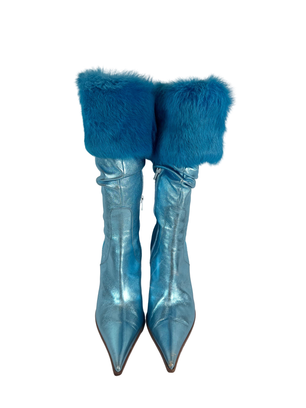 ITALIAN METALLIC BLUE & RABBIT FUR SLOUCH BOOTS