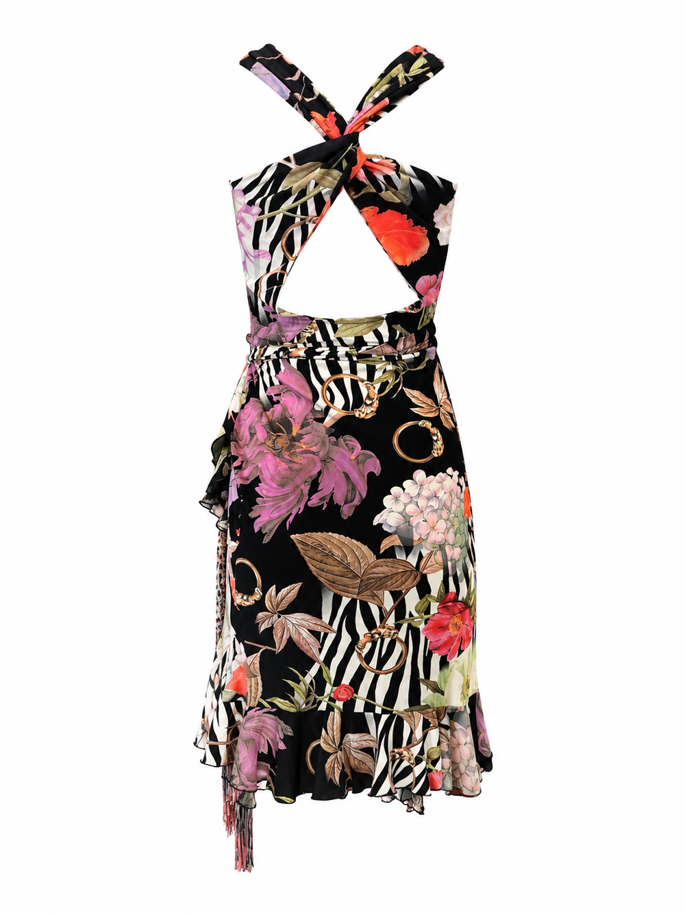 2013 BOTANICAL RUFFLED BLACK MINI DRESS W FRINGE