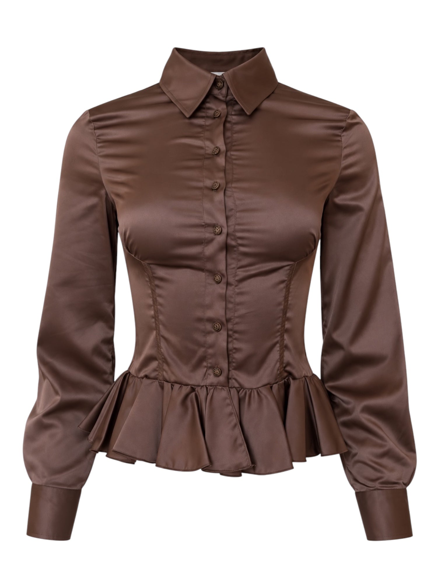 00'S BROWN L/S PEPLUM BUTTON DOWN BLOUSE @JCCG