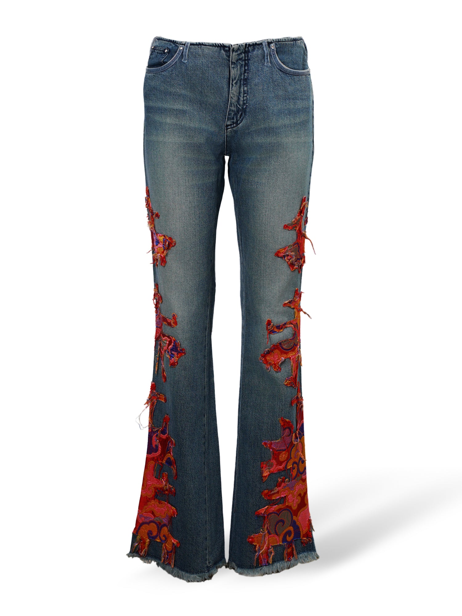 DENIM & RED SILK EMBROIDERED FLARE JEANS