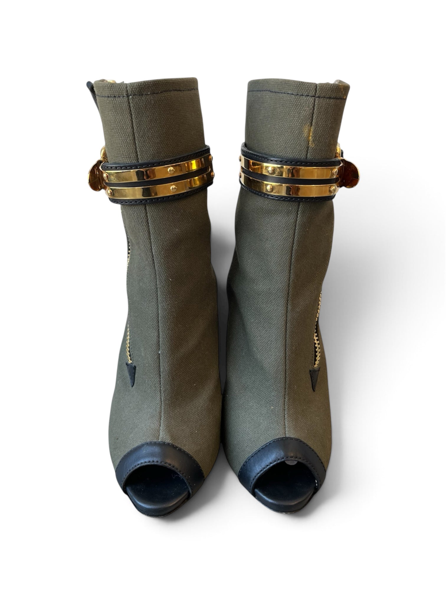 ARMY GREEN STILETTO BOOTIES W/ GOLD HARDWARE @CREV