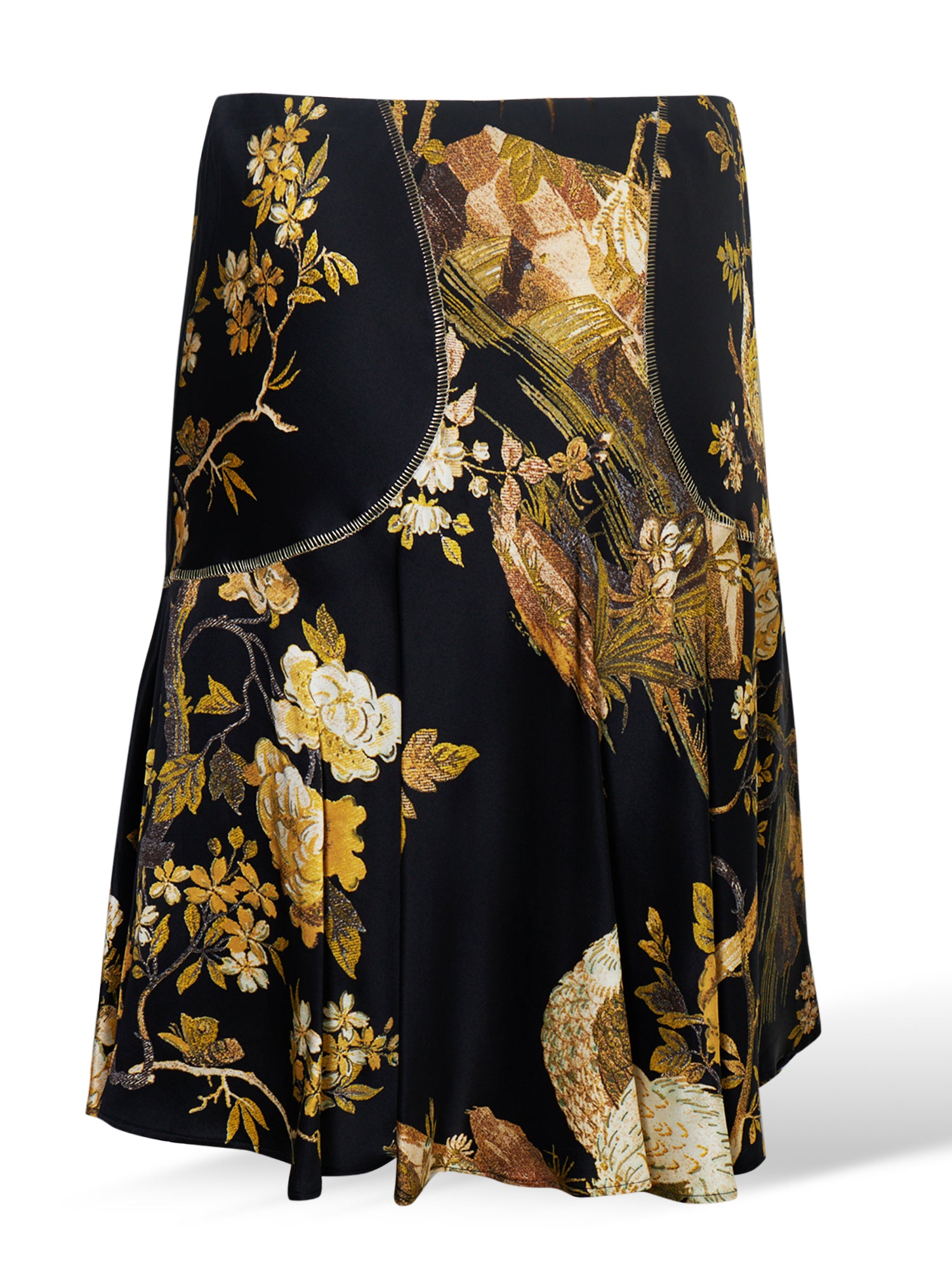 BLACK & GOLD FLORAL BROCADE SILK MIDI SKIRT