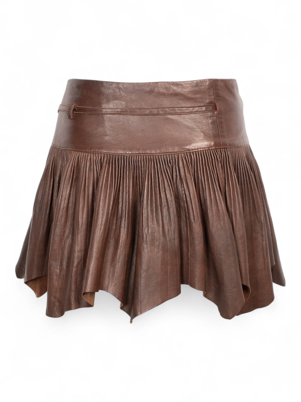 FW2003 PLEATED BROWN LEATHER WRAP SKIRT