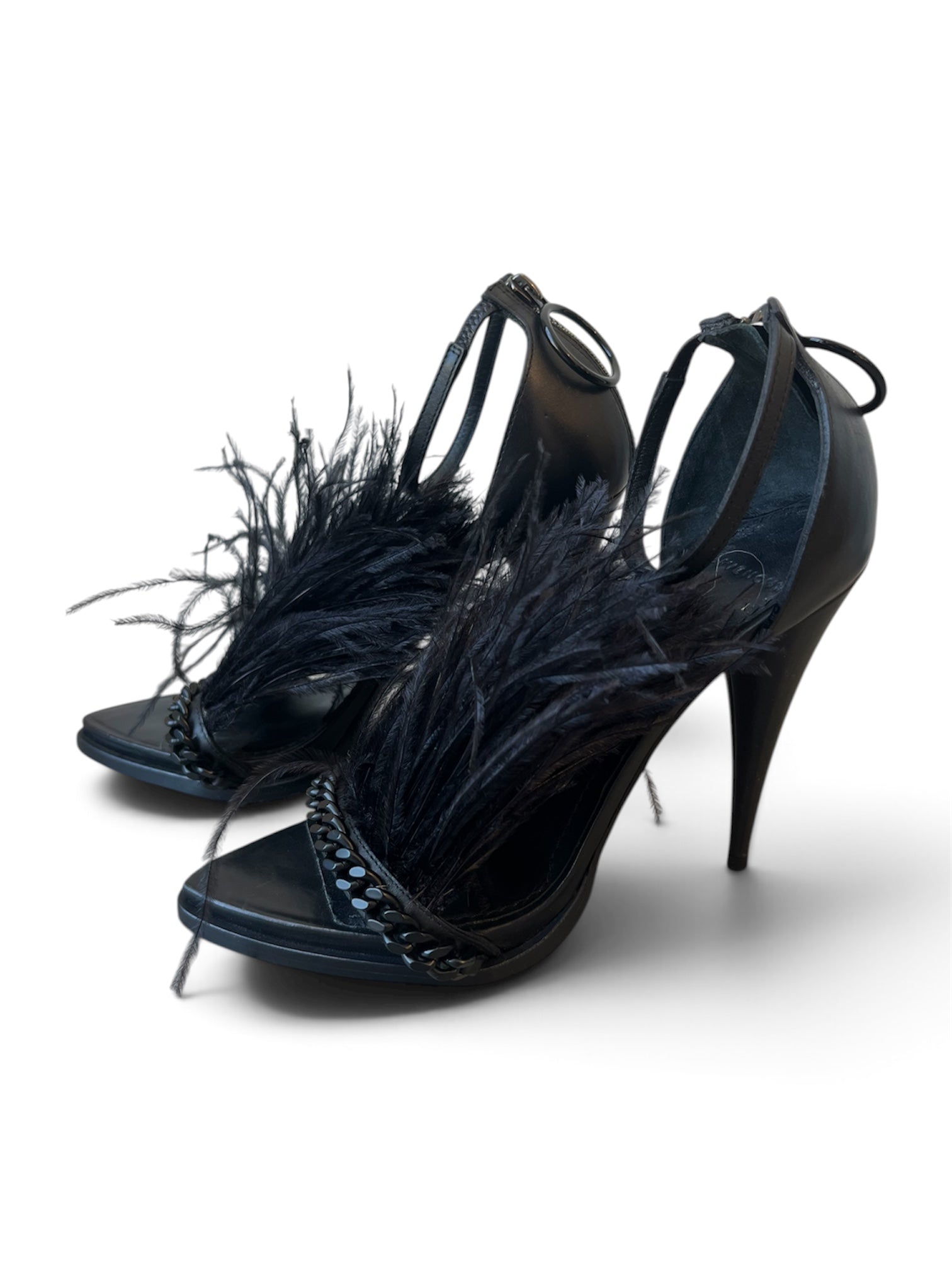 FW09 BLACK 'URANIA' OSTRICH & CHAIN LEATHER HEELS