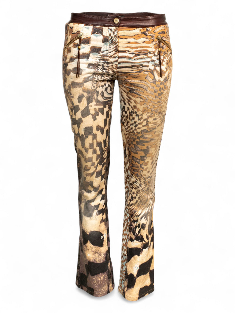 FW03 BROWN PRINTED JEANS W LEATHER TRIM