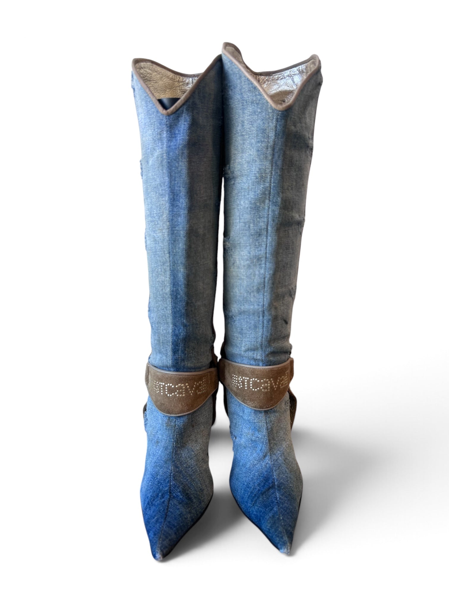 DENIM & SUEDE KNEE HIGH COWBOY BOOTS (AS IS) @CPARA