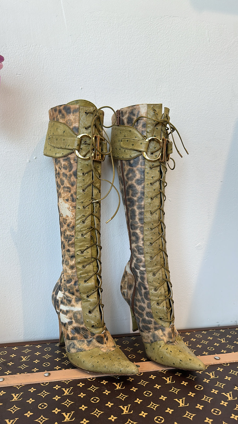 FW2000 OSTRICH & LEATHER CHEETAH PRINT BOOTS