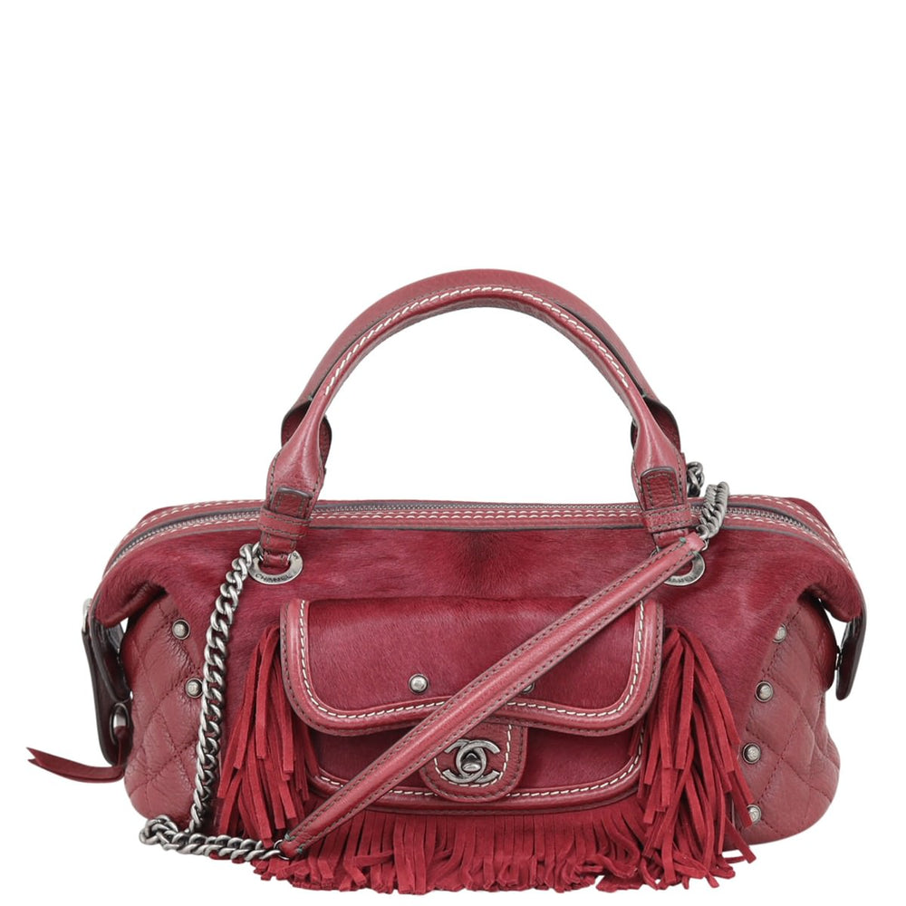 2014 PARIS DALLAS BURGUNDY PONYHAIR FRINGE BAG