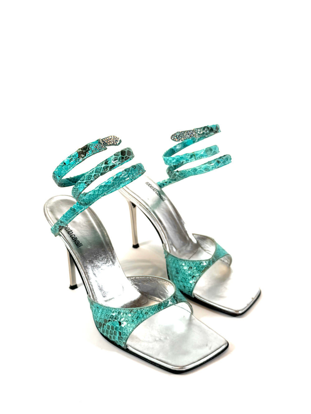 90S SNAKE SKIN TURQUOISE WRAP AROUND HEELS