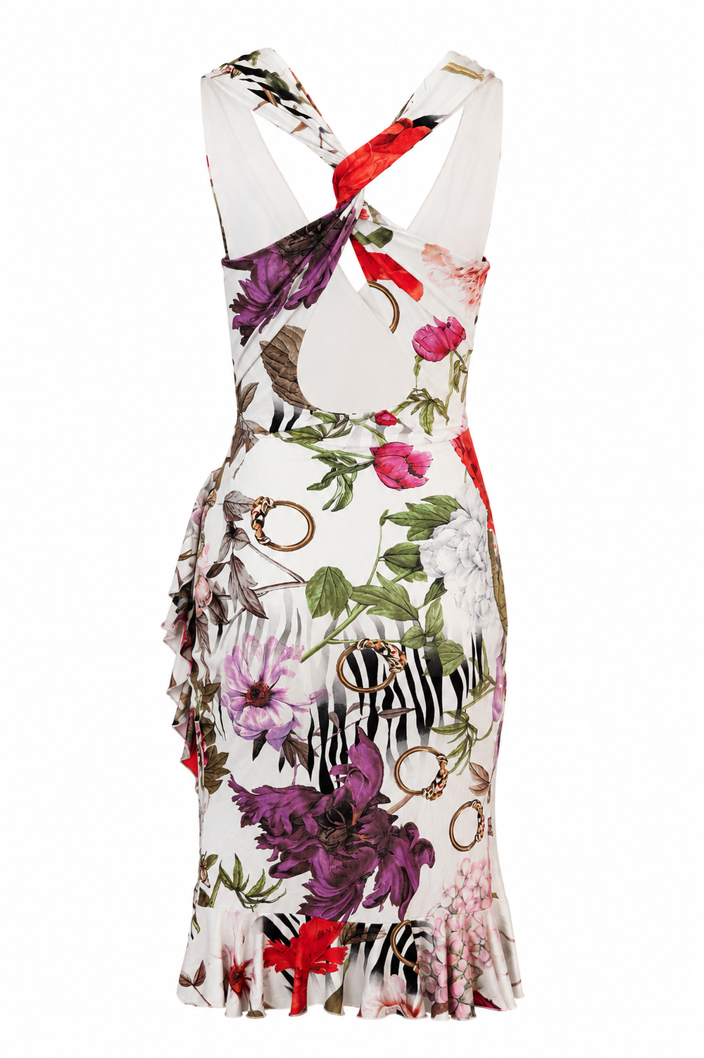WHITE BOTANICAL RUFFLED MIDI DRESS W GOLD DETAILING