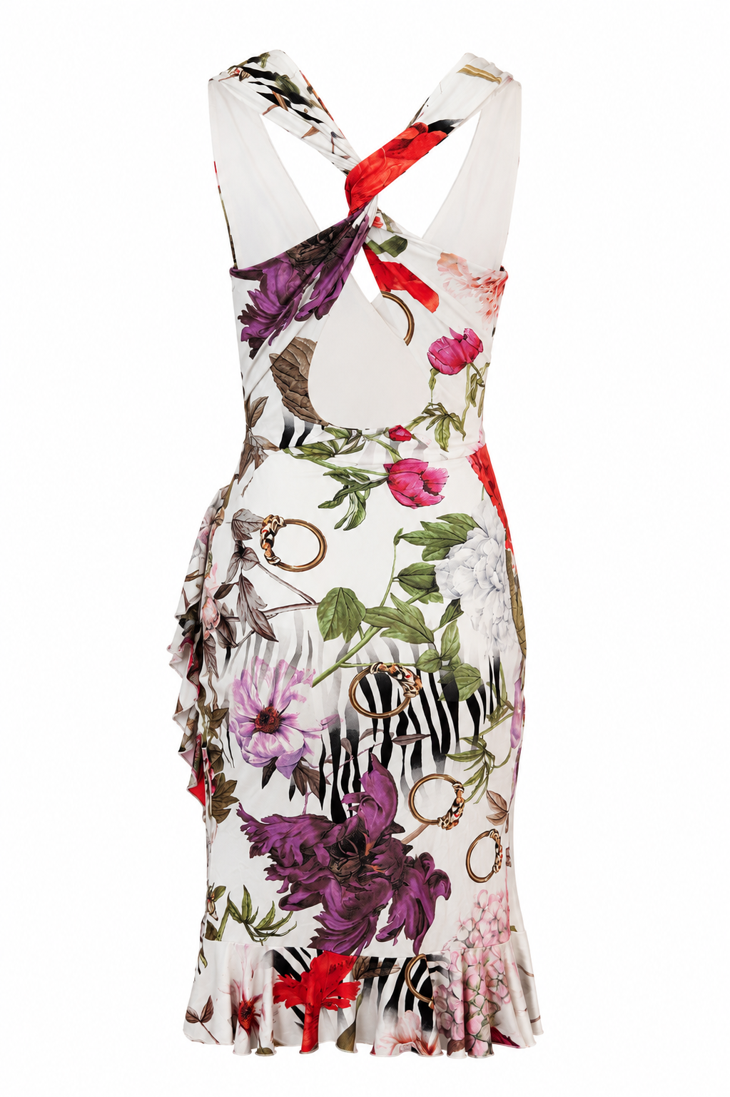WHITE BOTANICAL RUFFLED MIDI DRESS W GOLD DETAILING